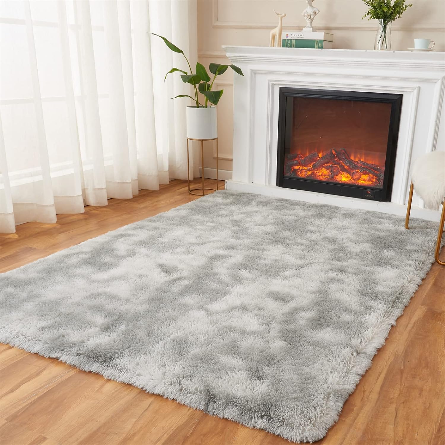 AMTOVO Shag Area Rugs for Living Room, 9X12 Tie Dyed Light Grey Large Fluffy Cle...