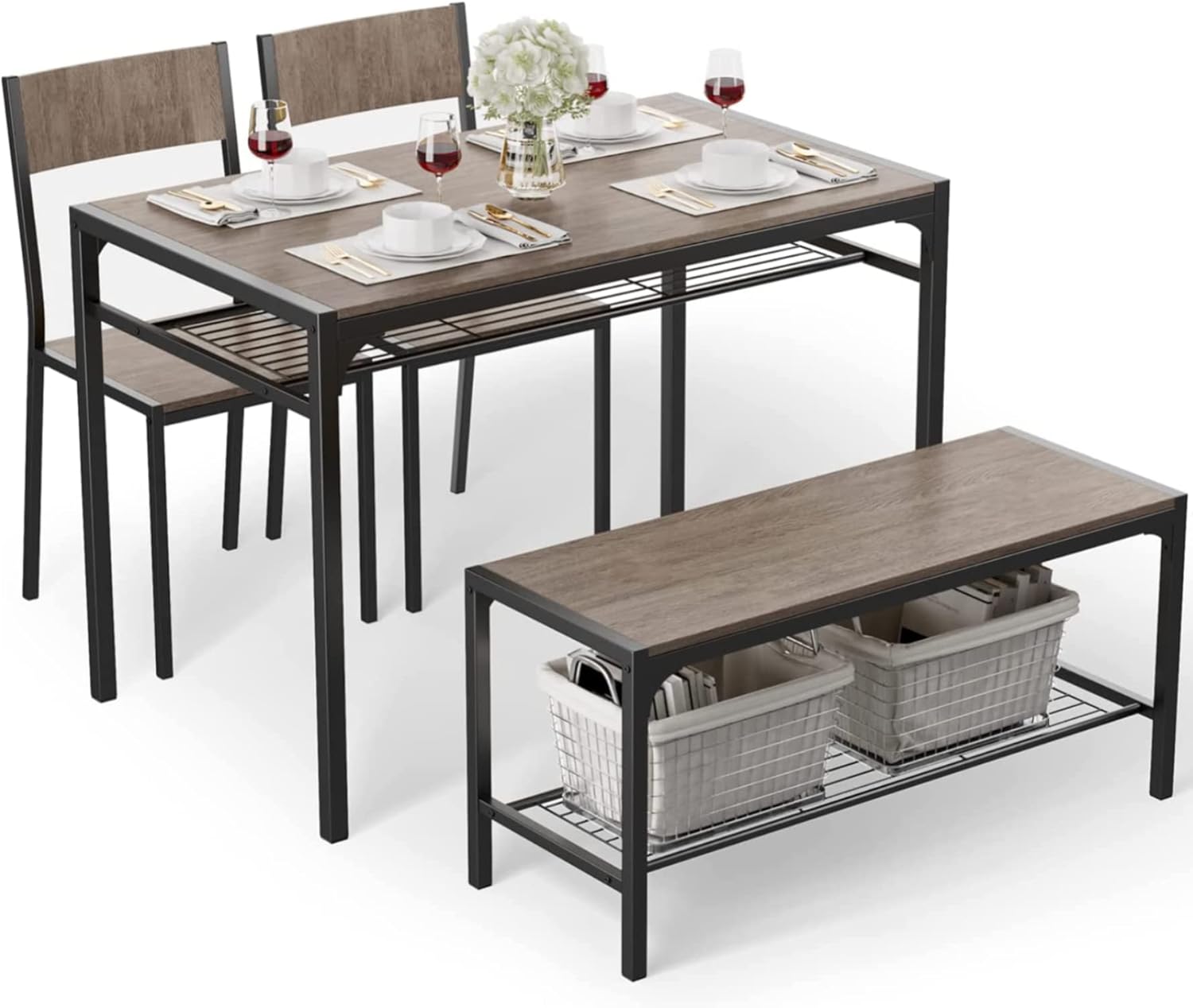 Gizoon Kitchen Table and 2 Chairs for 4 with Bench, 4 Piece Dining Table Set for...