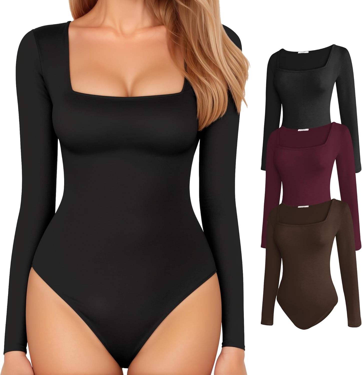 MANGOPOP Women's Square Neck Long Sleeve Bodysuit Slim Fitted Tops Long Sleeve M...