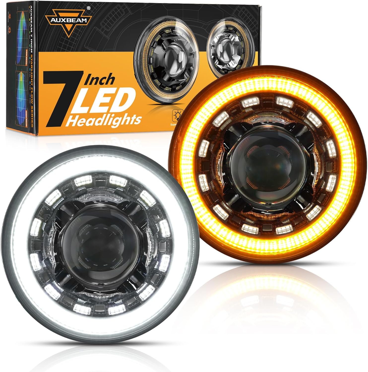 Auxbeam 7 Inch LED Headlights Black H6024 with DRL & Turn Signal & Start-up Grad...