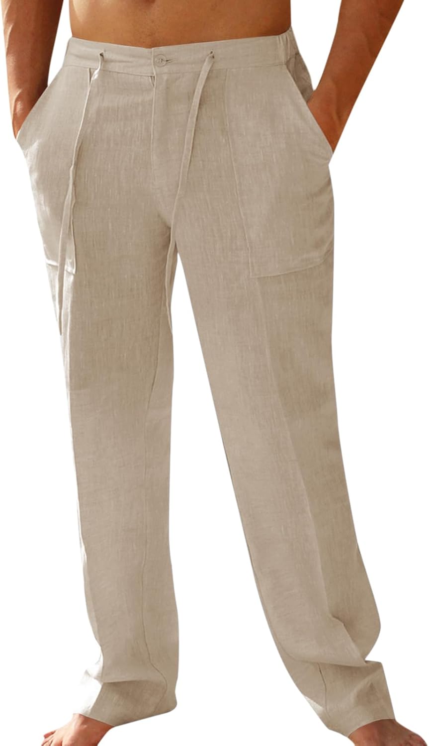 PASLTER Mens Casual Linen Pants Loose Fit Elastic Drawstring Waist Straight-Legs...
