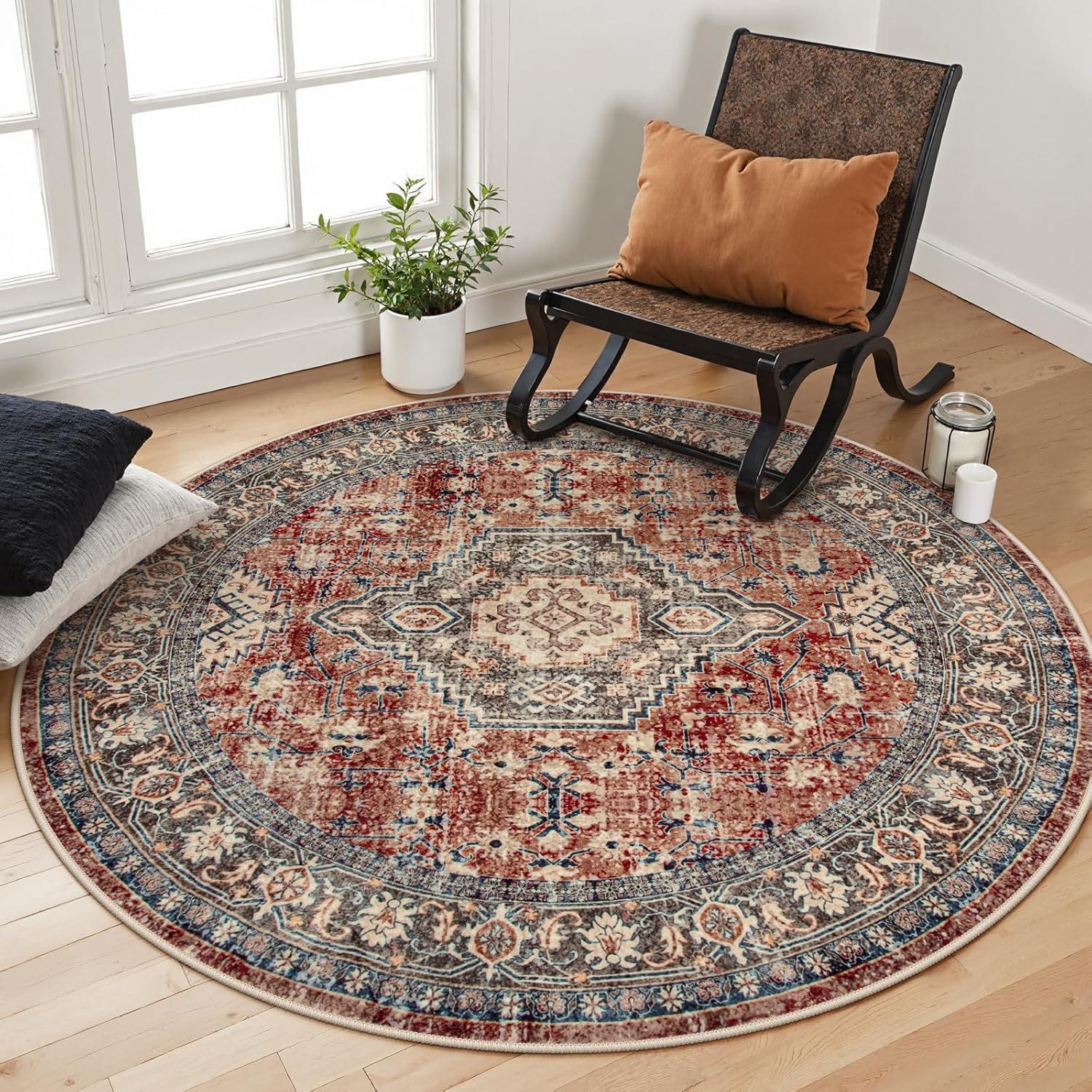 Lahome Oriental Washable Round Area Rug - Non-Slip Round Rugs 6ft Ultra-Thin Lar...