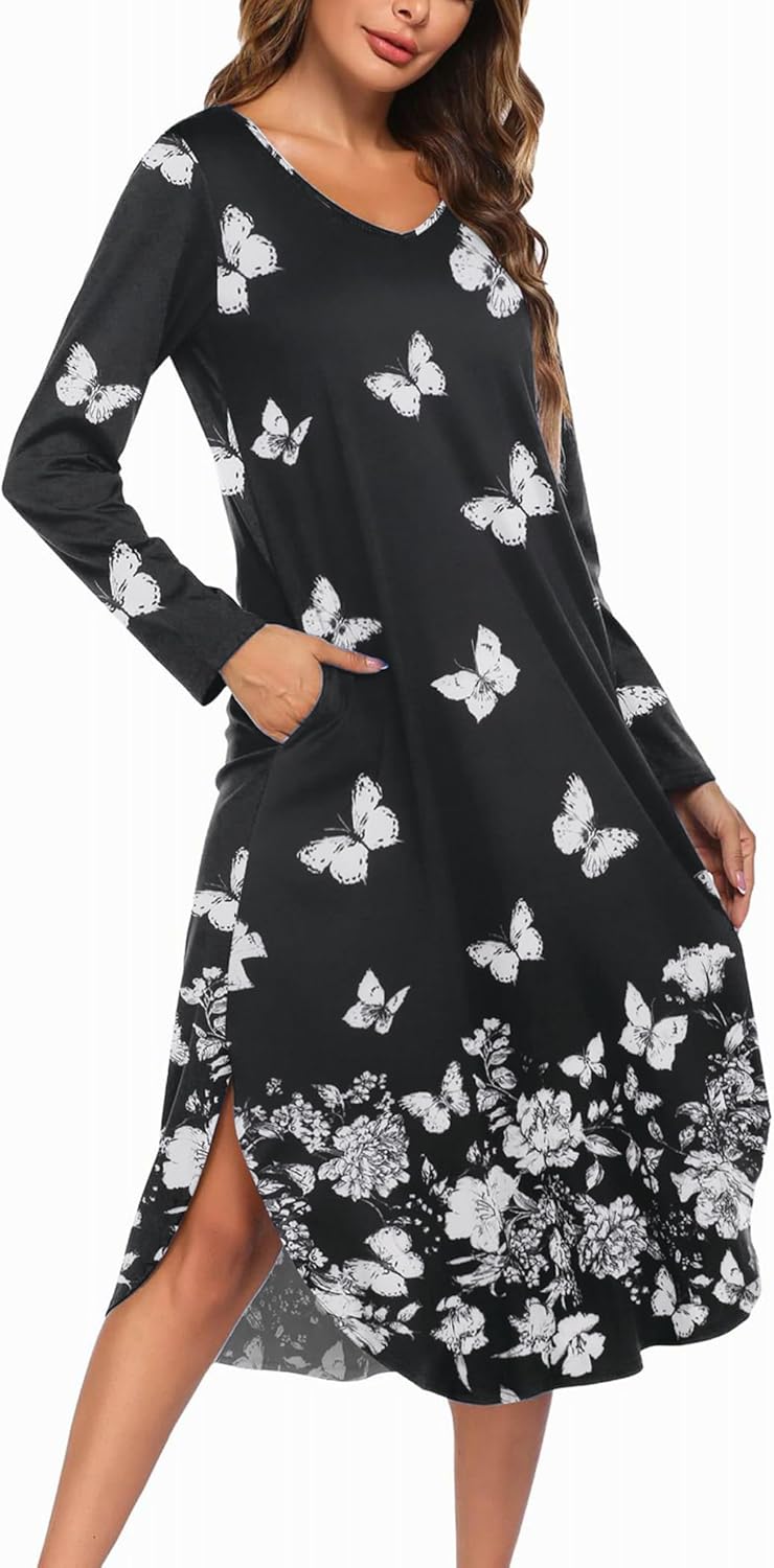 Ekouaer Womens Nightgown V Neck Nightshirts Long Sleeve Sleepwear with Pockets S...
