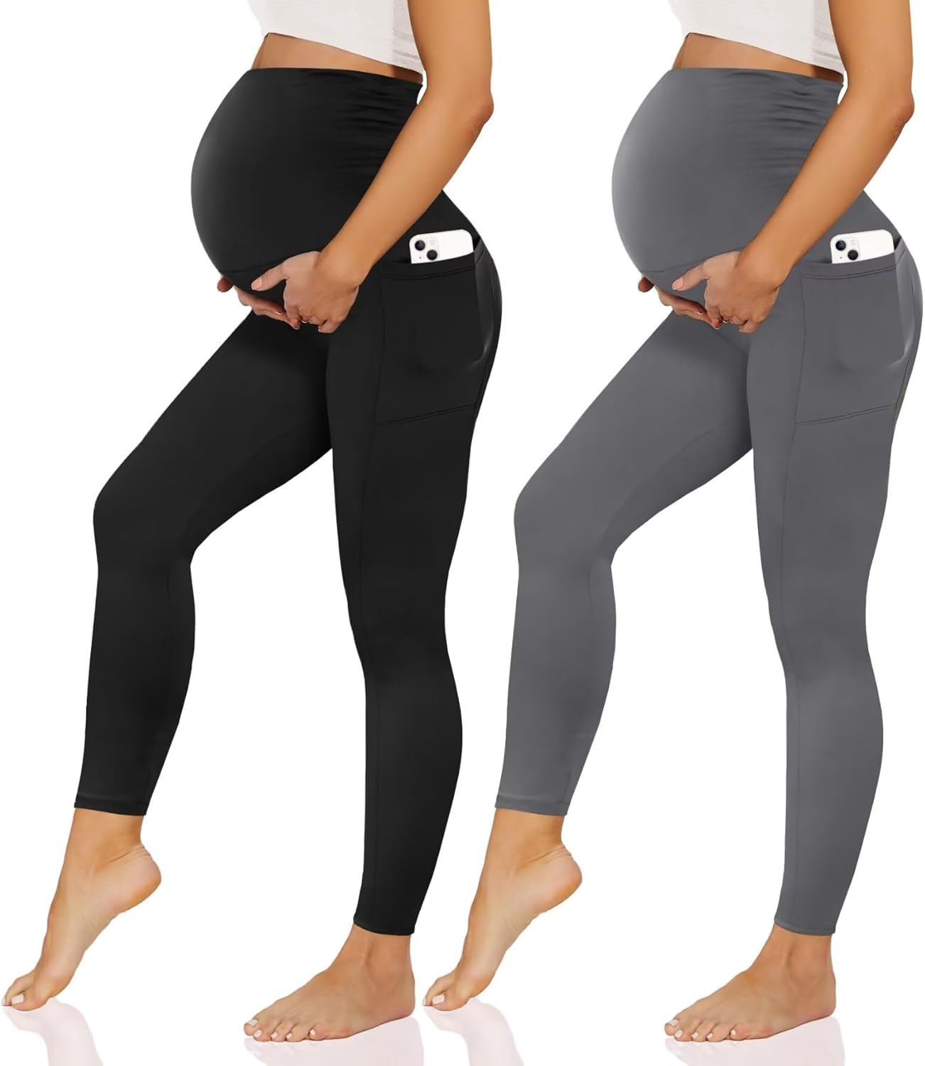 Happy.angel 1/2 Pack Maternity Leggings with Pockets Over The Belly, Womens Blac...
