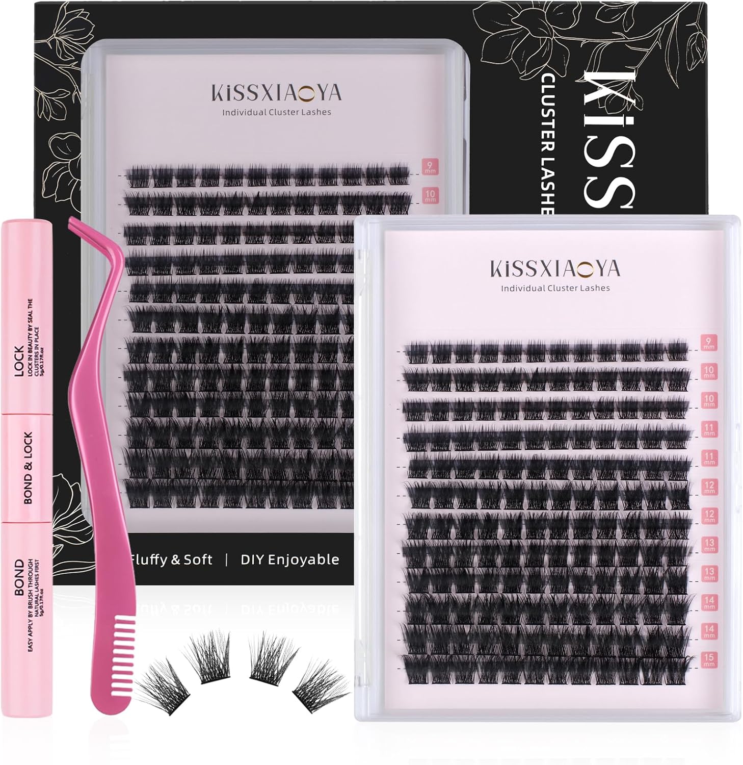 DIY Cluster Eyelash Extensions Kit with Lash Bond & Seal and Applicator, 144 Pcs...