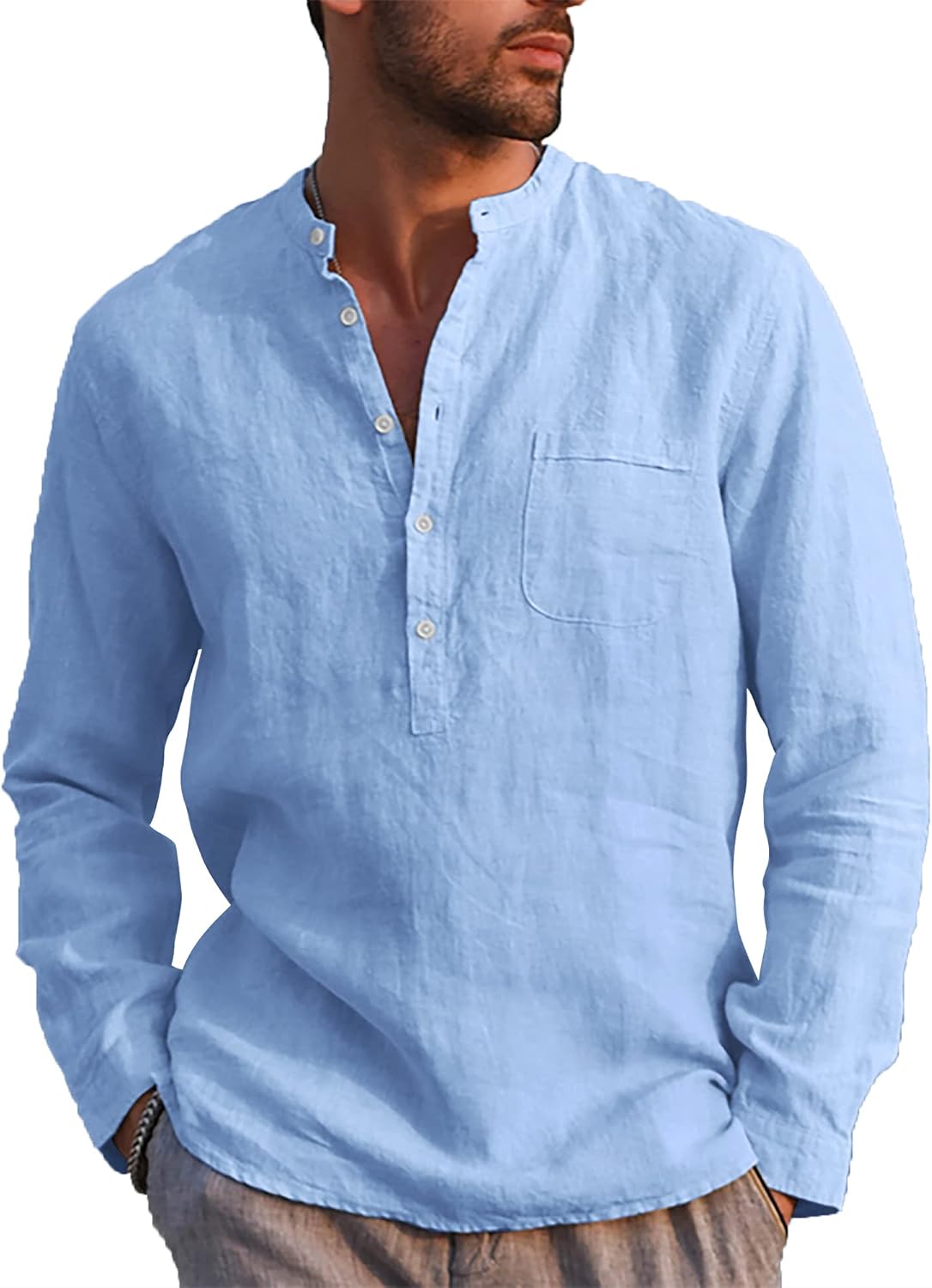 LVCBL Mens Casual Cotton Shirt Long Sleeve Band Collar Henley Shirt Tops Light B...