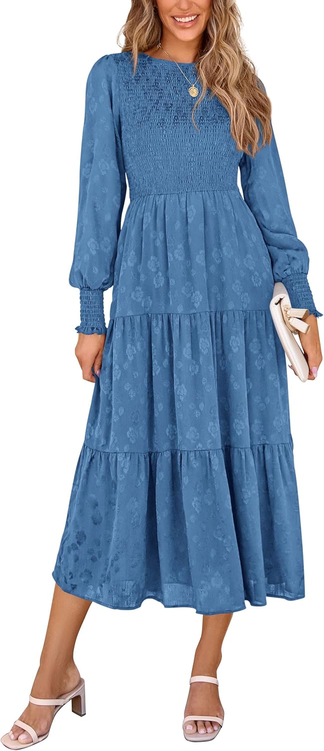 PRETTYGARDEN Women's Fall Spring Midi Dress Long Sleeve Floral Smocked Elegant W...