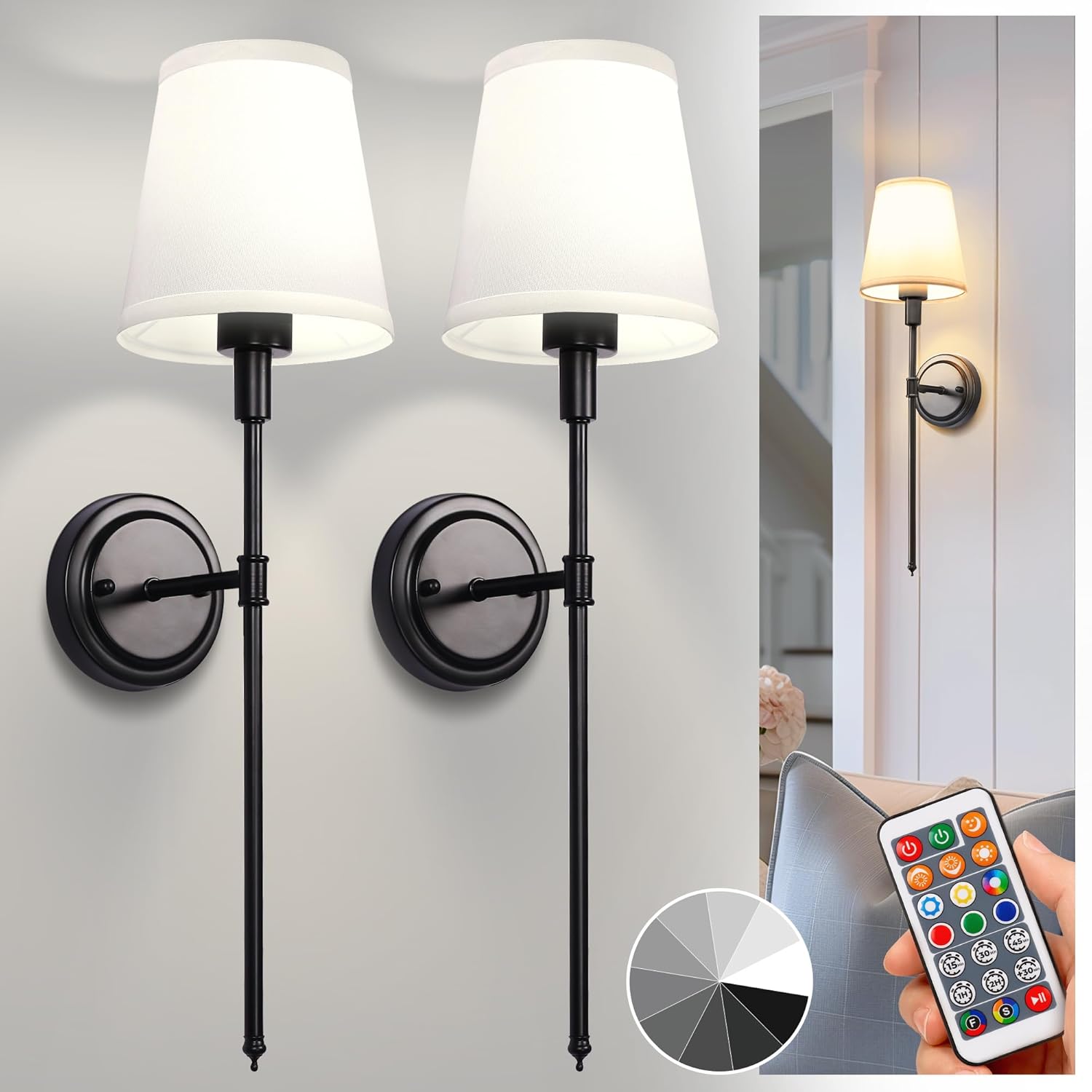 L LOHAS LED Battery Operated Wall Sconces Set of 2, Rechargeable Wall Lights Rem...