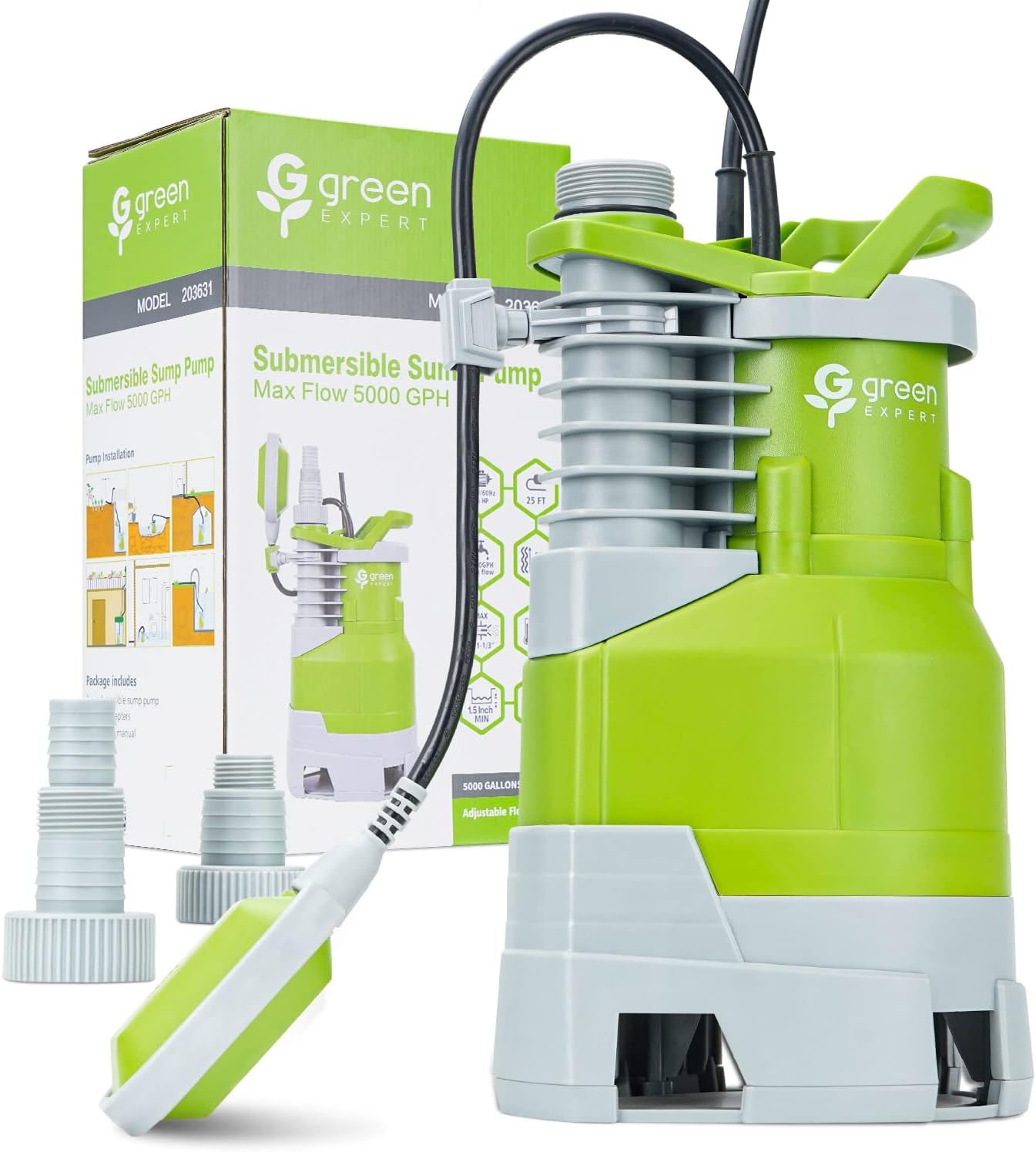 Green Expert 1.5HP Submersible Sump Pump High Flow 5000GPH 25ft Power Cord Manua...