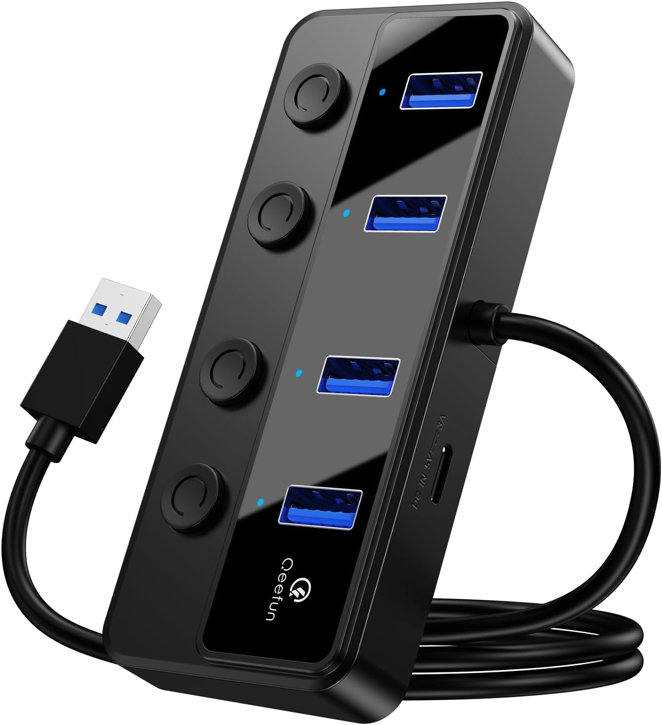 Qeefun 4-Port USB Hub 3.0, Individual LED Power Switches, 2ft USB Extension, 5V/...