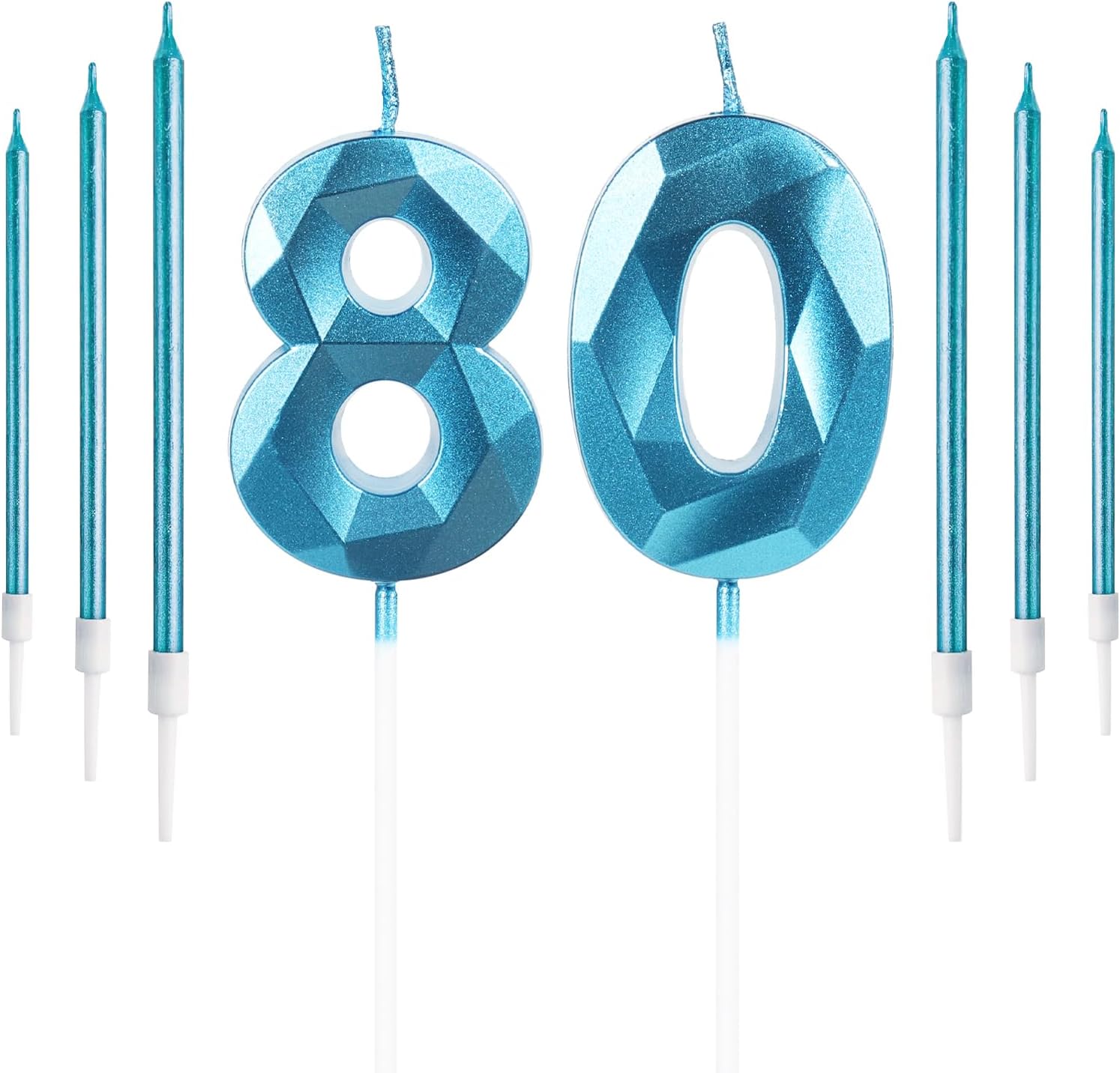 Boys Blue 80th Birthday Candles Set, Number 80 Candle + Blue Long Candles, Birth...