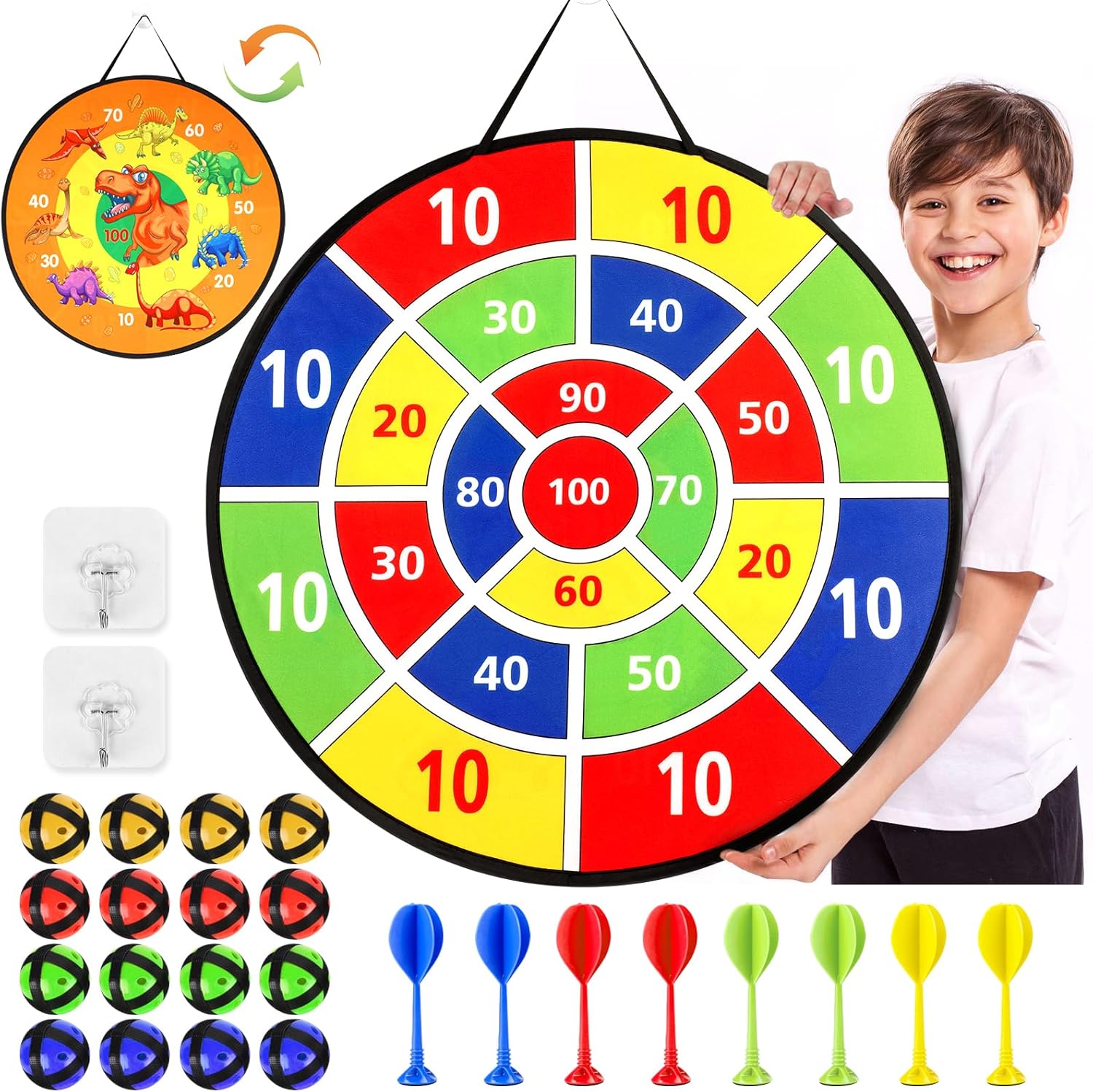 26 Inches Kids Toys Dart Board,Dinosaur Theme Double Sided with 12 Sticky Balls...
