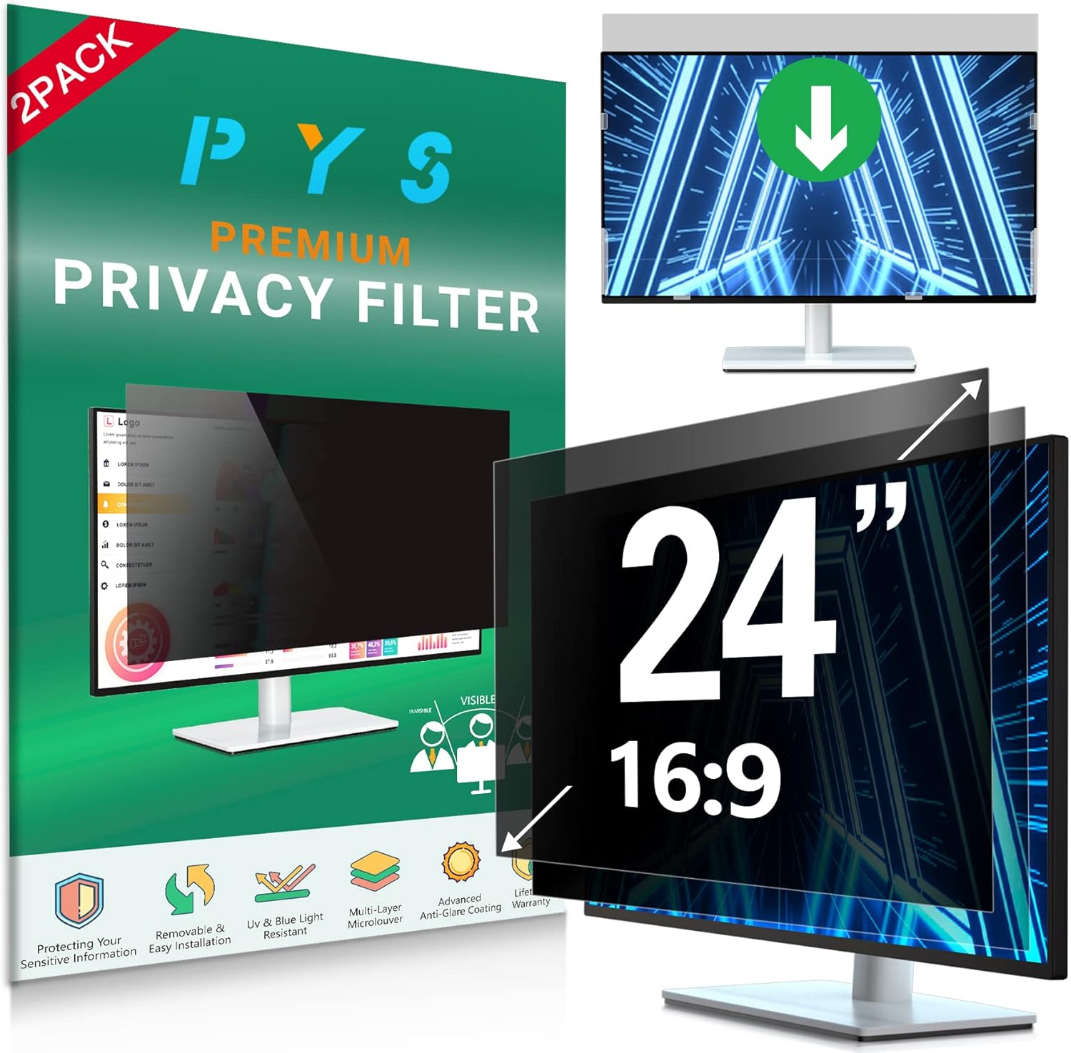 PYS [2-Pack] 24 Inch Computer Privacy Screen Filter for 16:9 Widescreen Monitor...