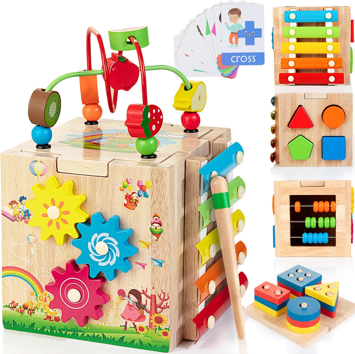 Wooden Activity Cube | 8-in-1 Montessori Toys for 12M+ Toddlers, One Year Old Fi...
