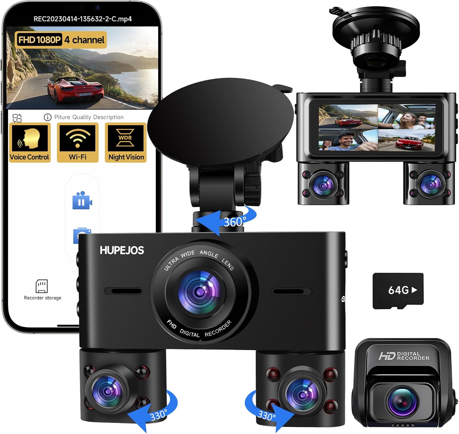 HUPEJOS 360° Dash Cam Front and Rear Inside, 4 Cha...