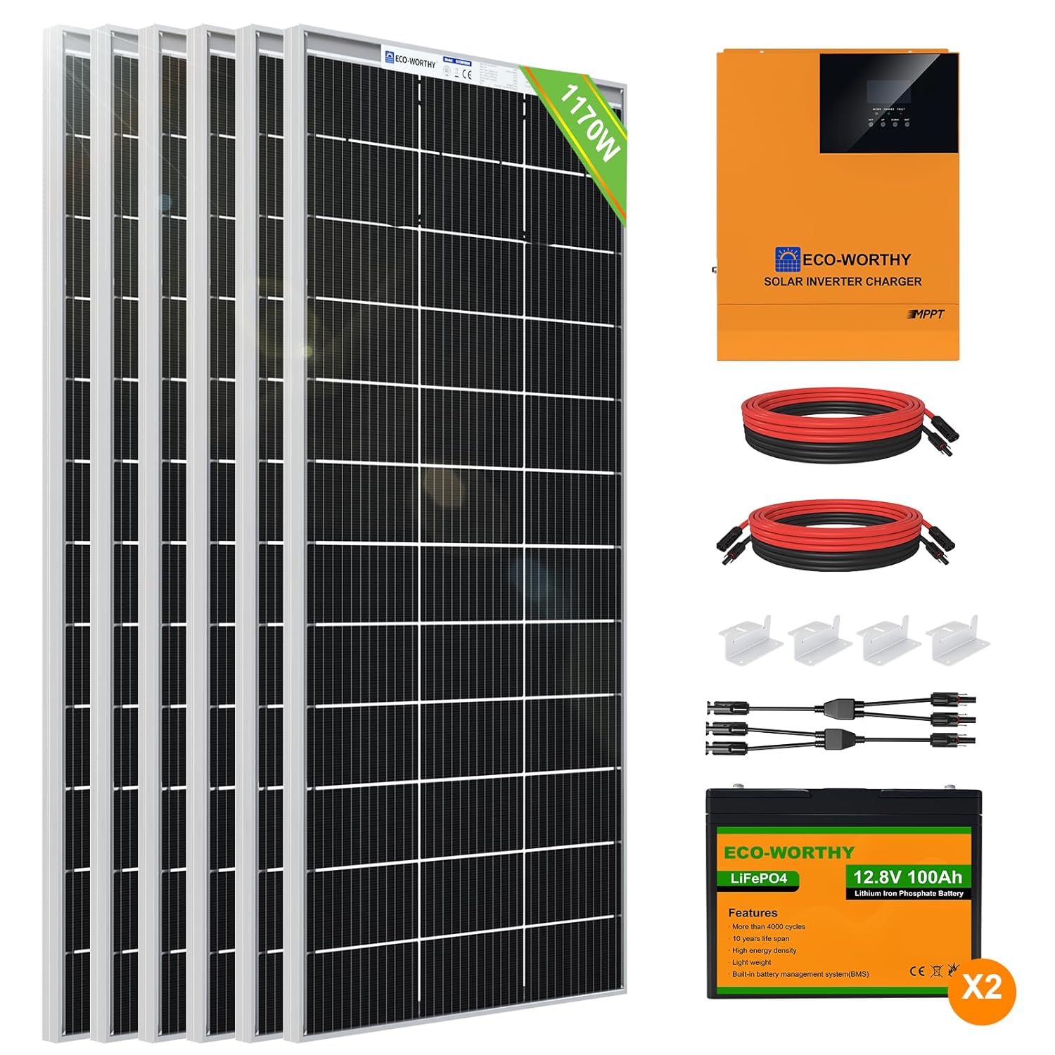 ECO-WORTHY 1200W 24V Solar Power System 4.8kWh/Day with Battery and Hybrid Solar...