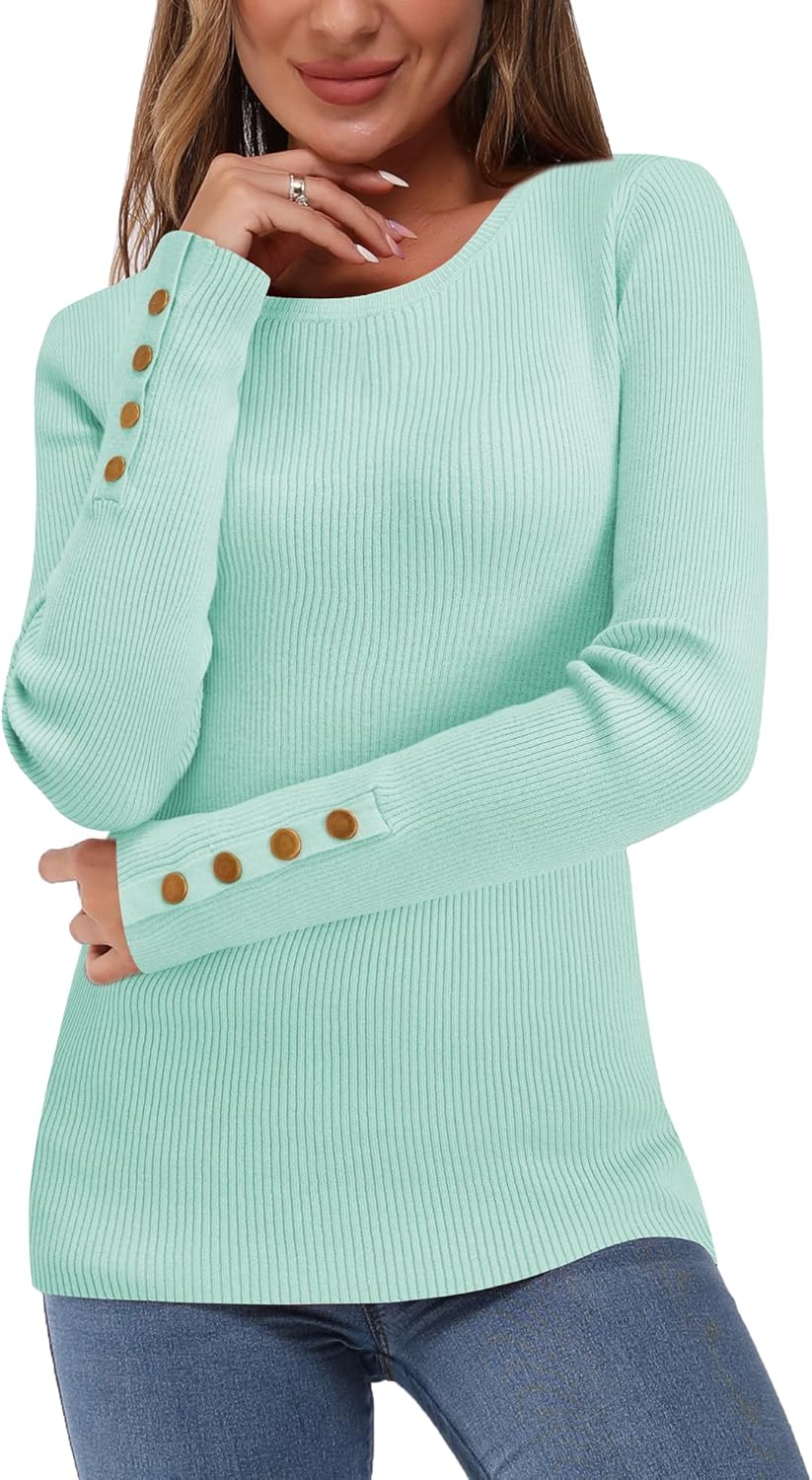 Newshows Long Sleeve Tops for Women UK Crew Neck Ladies Jumpers Button Solid Str...