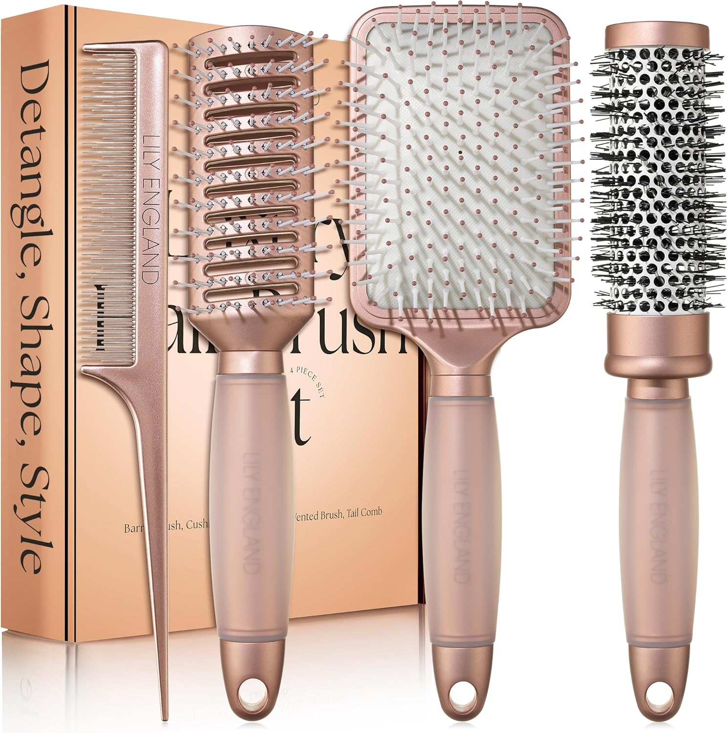 Luxury Hair Brush Gift Set by Lily England - 4-Piece Professional Styling Collec...