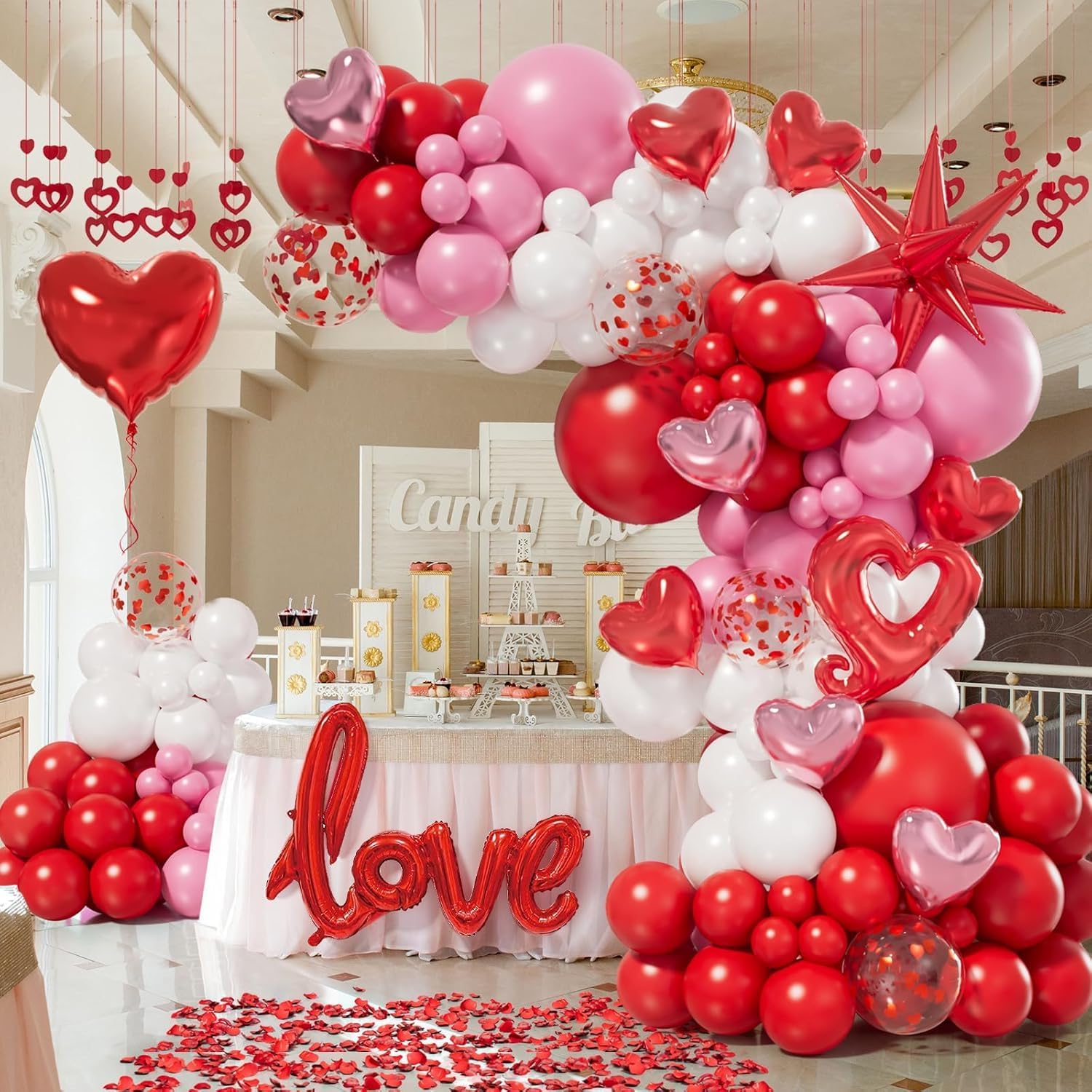 156pcs Valentines Day Balloon Garland Arch Kit with Pink White Red Confetti Hear...