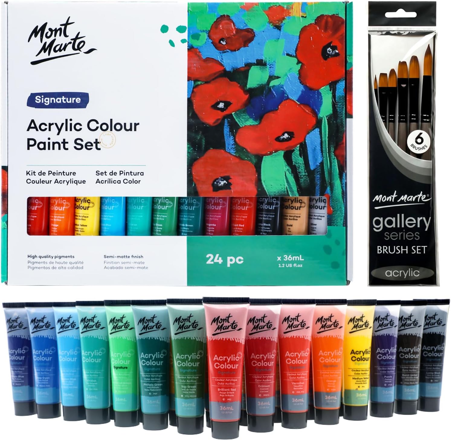 MONT MARTE Signature Acrylic Paint Set, Including 6 Brushes, 24 colors x 36 ml,...