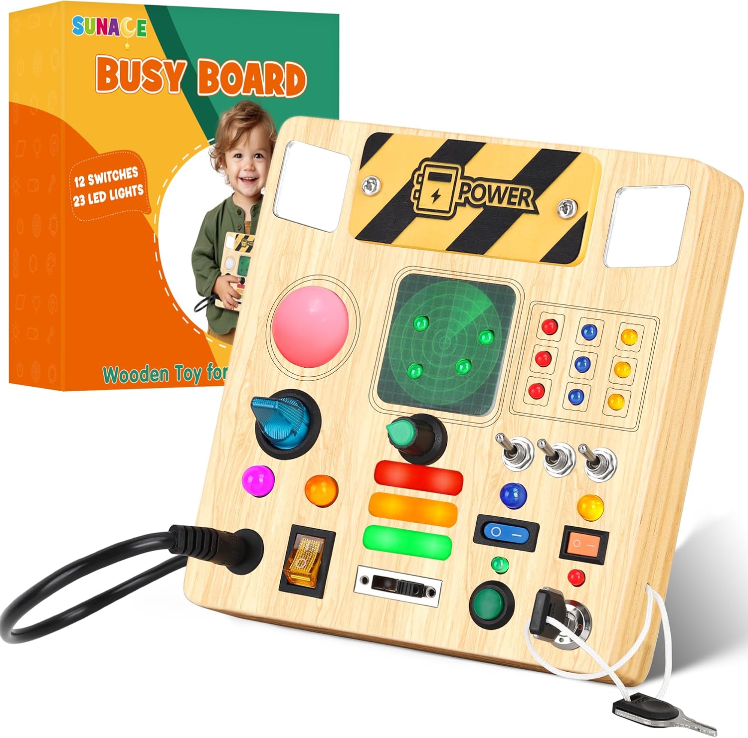 SUNACE Toddler Busy Board - Wooden Busy Board 1 Year Old with 12 Switches 23 LED...