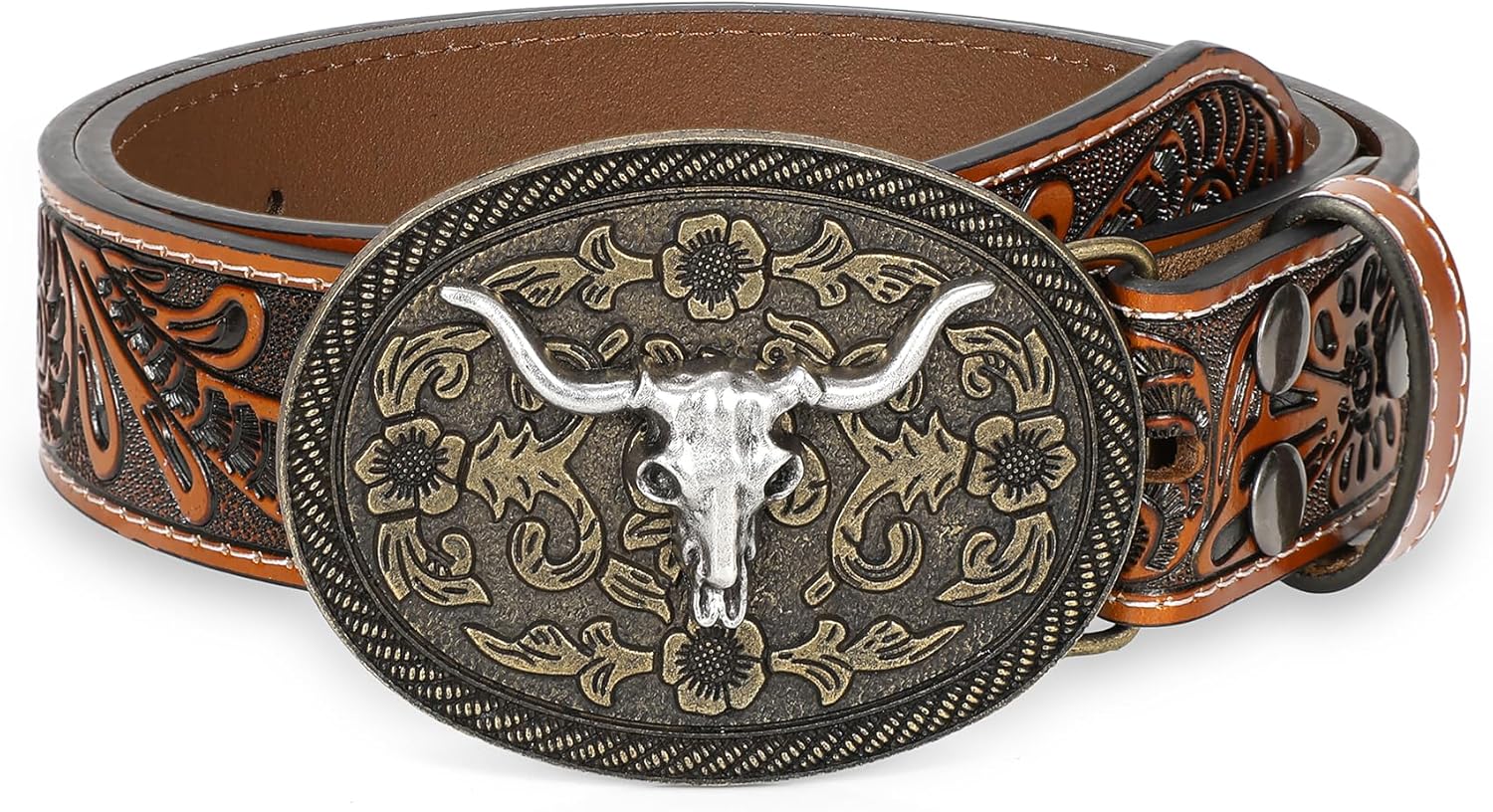 WHIPPY Mens Cowboy Belt Western Belts for Men Women with Engraved Floral Bull He...