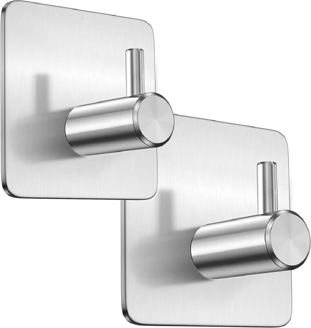 2 Silver Towel Holder,Self Adhesive,Hooks,Coat Hooks,Robe,Stainless Steel,Bathro...