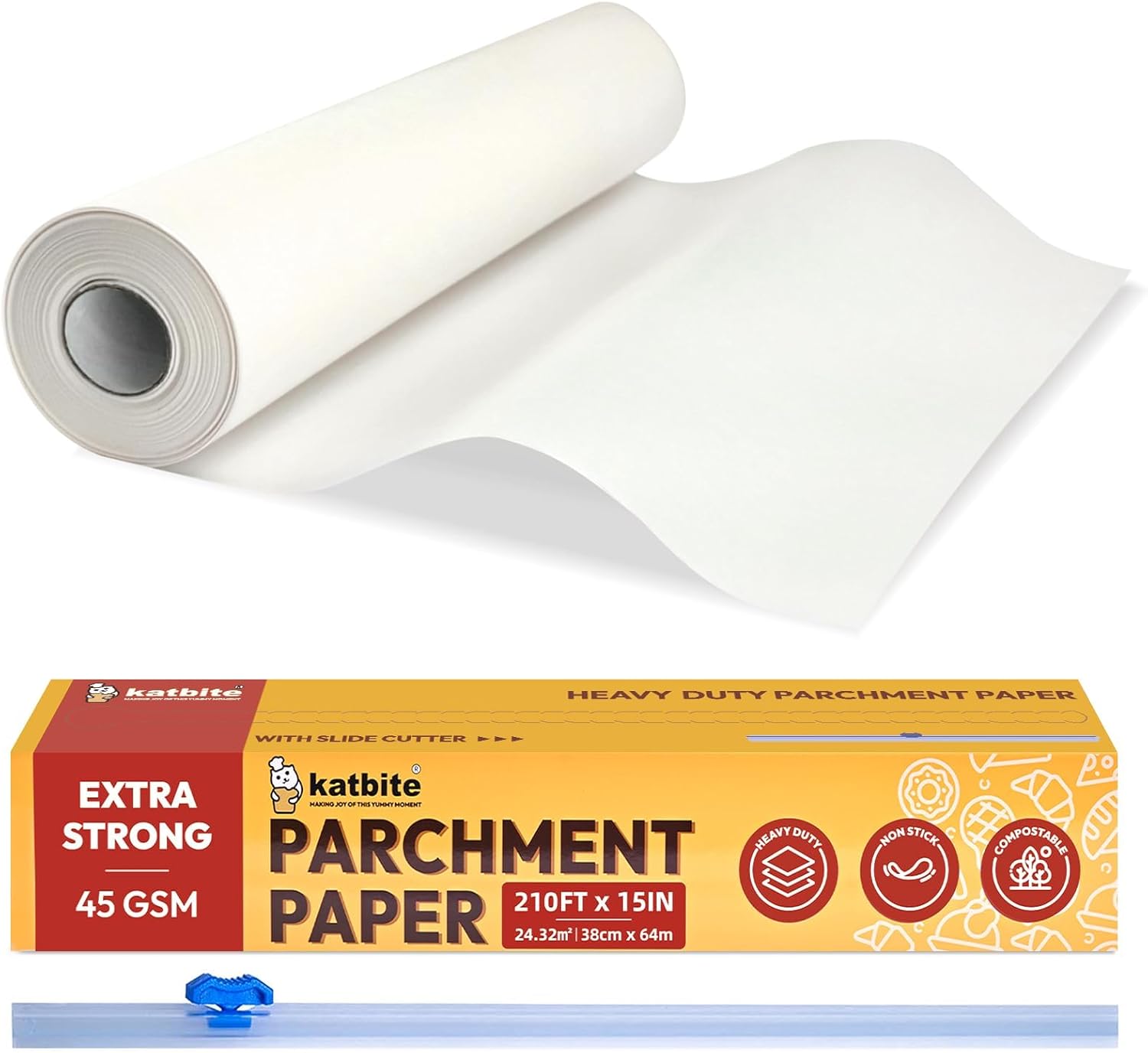 Katbite Parchment Paper Heavy Duty White Baking Parchment Roll, 38CM x 64M, Non...