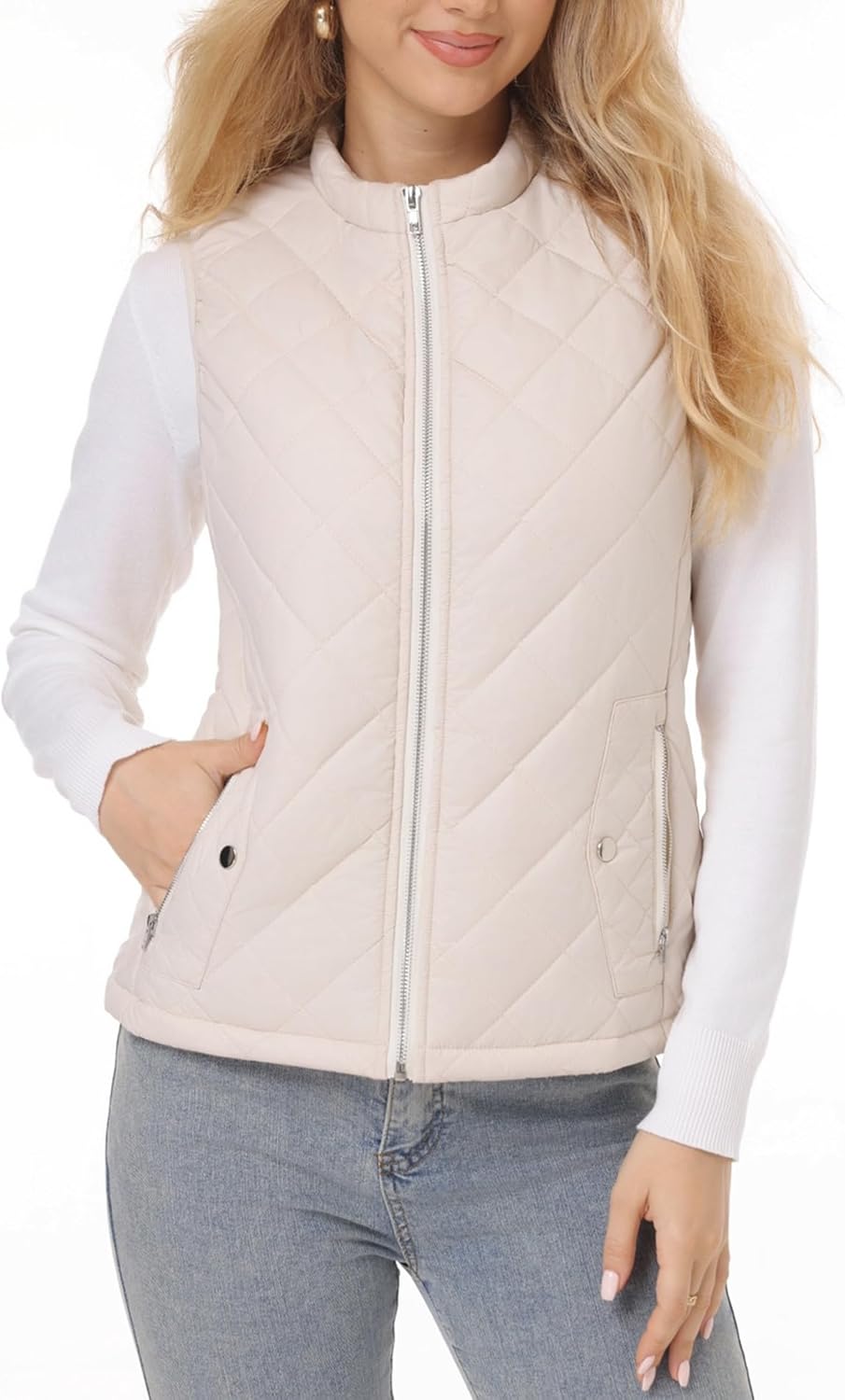 Fuinloth Women's Quilted Vest, Stand Collar Lightweight Zip Padded Gilet Medium...