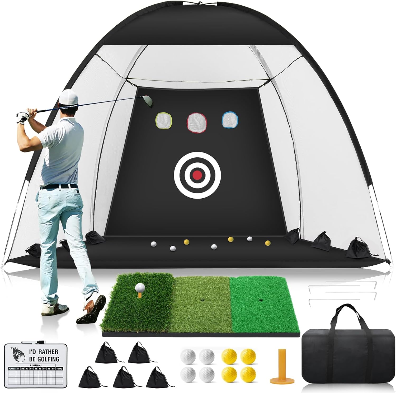 Golf Net, 10x7ft Golf Practice Net with Foldable Tri-Turf Golf Mat, All in 1 Gol...