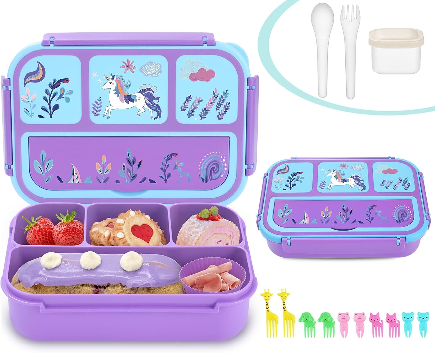 Bento Lunch Box for Kids - 4 Compartments, Sauce Container, Utensils, Food Picks...