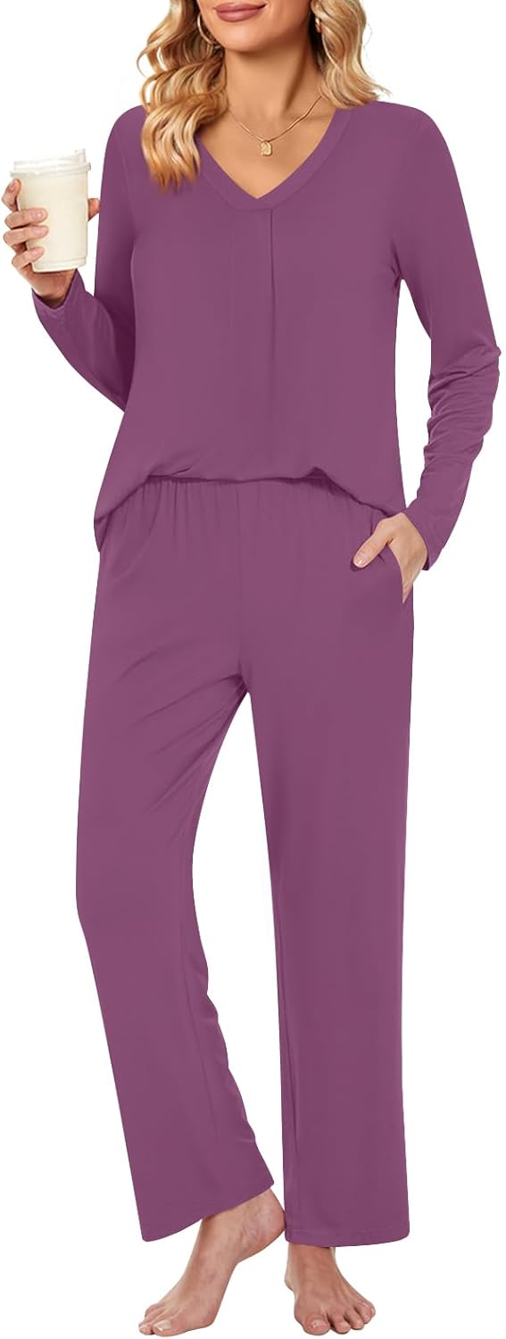 Bestbee Women's Pyjamas Set, 2 Piece Pleated Nightwear Set Long Sleeve Long Pant...