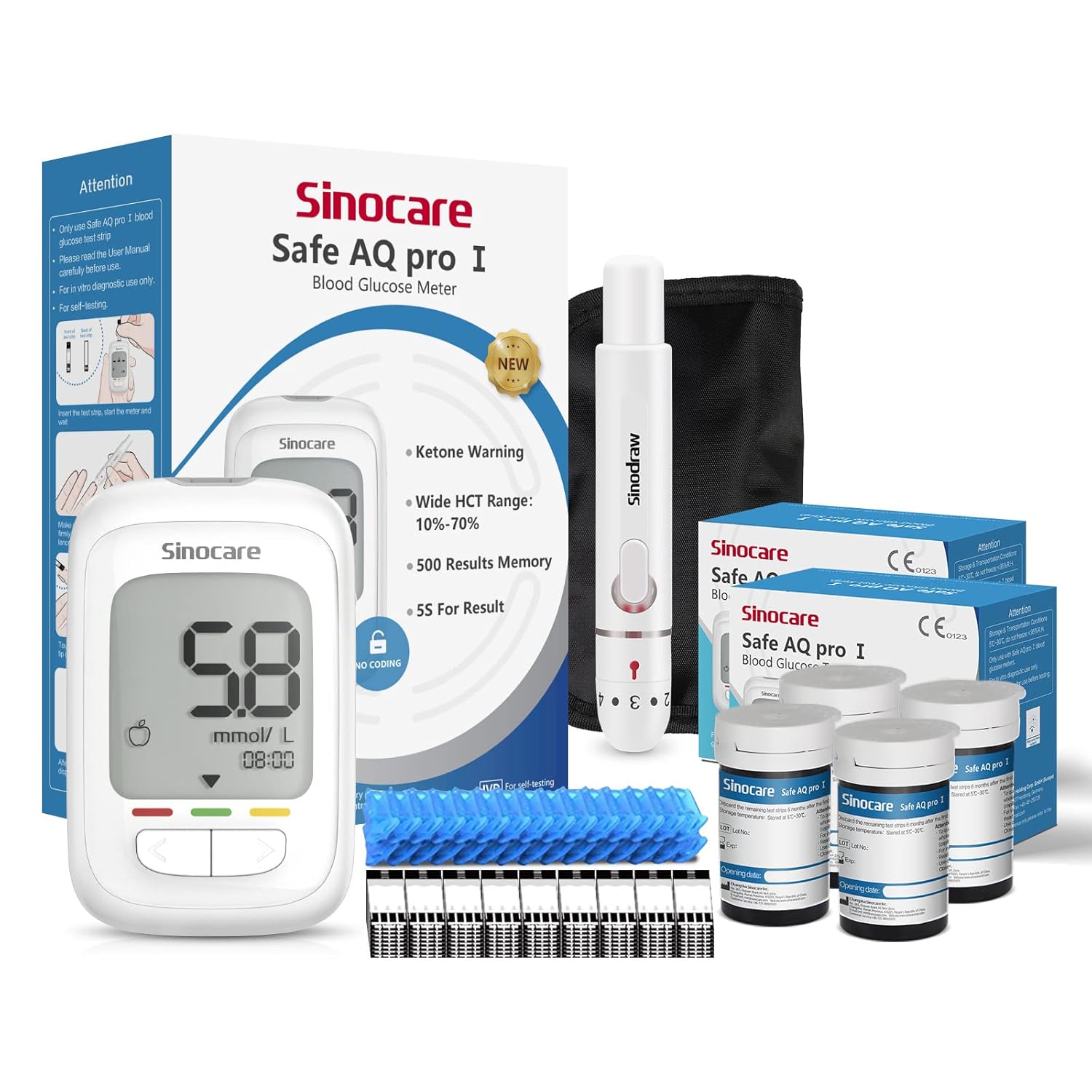sinocare Blood Sugar Testing Kit, Safe AQ Pro I Blood Glucose Monitor, with Bloo...