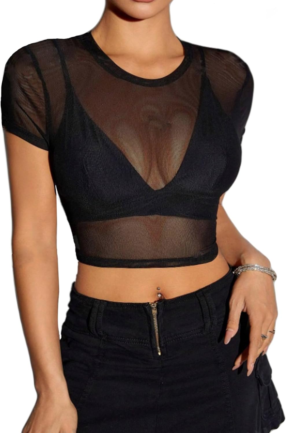 Avidlove Mesh Crop Top for Women Short Sleeve Bodycon Tees Y2k See Through Blous...