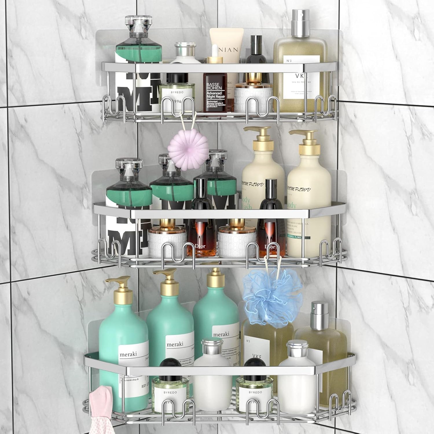 STEUGO Corner Shower Caddy, Shower Organizer Corner Shower Shelf with 12 Hooks,3...