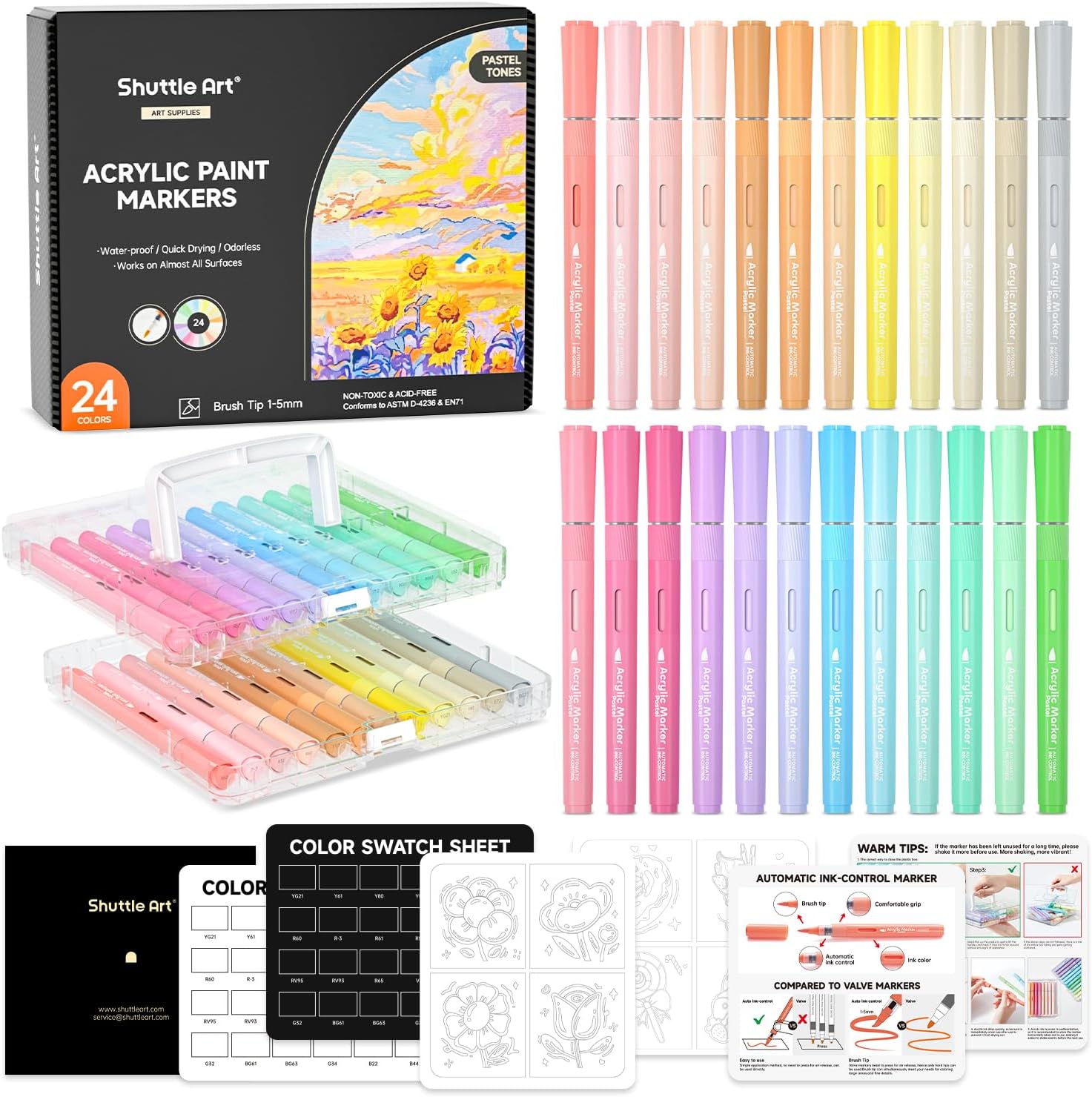 Shuttle Art Automatic Ink Control Acrylic Paint Markers, 24 Pastel Colors Brush...