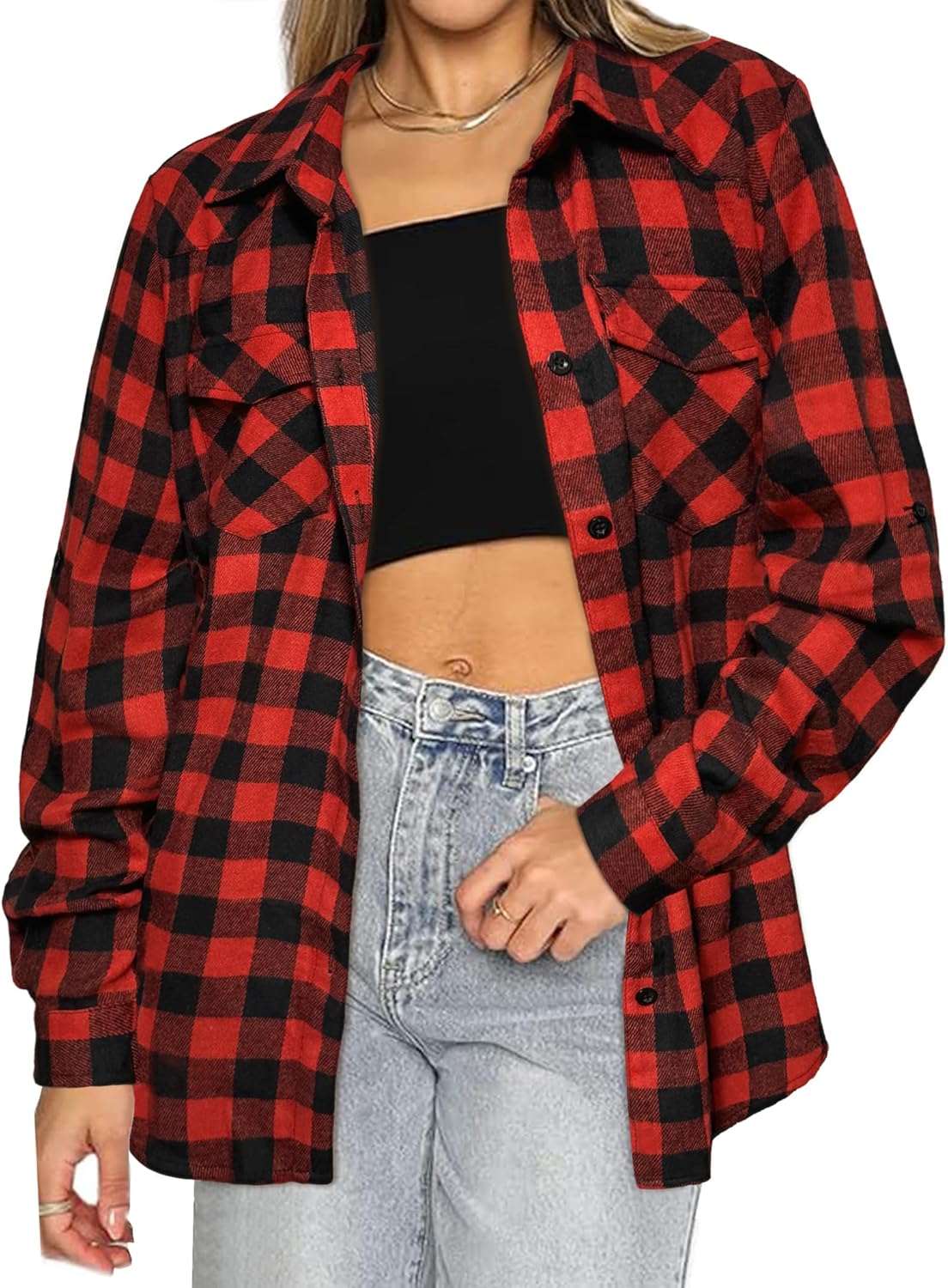 HOTOUCH Women's Long Roll Up Sleeve Cotton Flannels Plaid Shirts Classic Fit But...