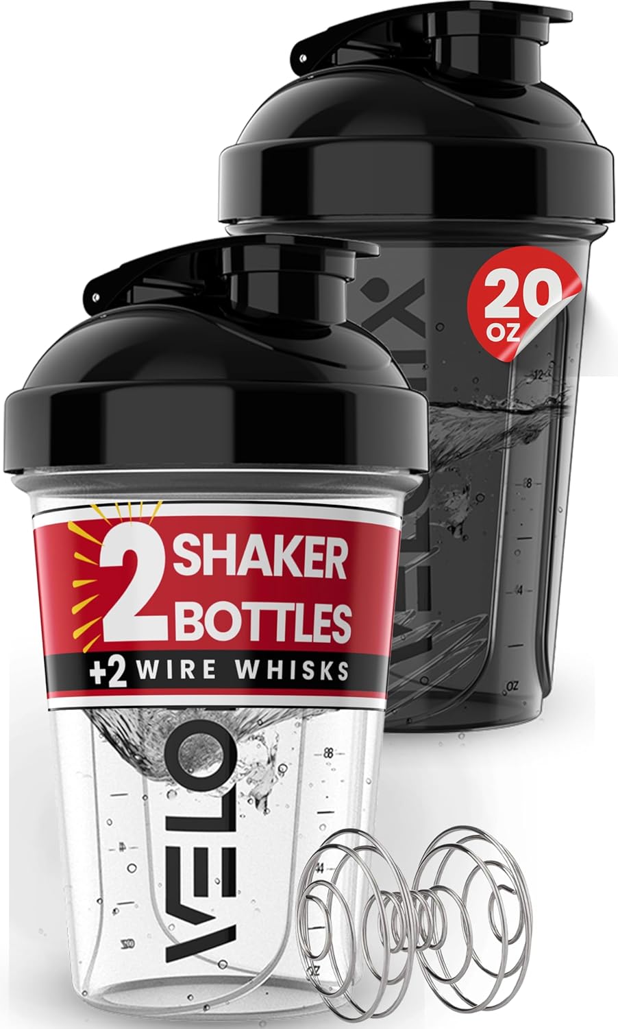 -2 Pack- 20 oz Protein Shaker Bottles for Protein Mixes - 2x Wire Whisk | Leak P...