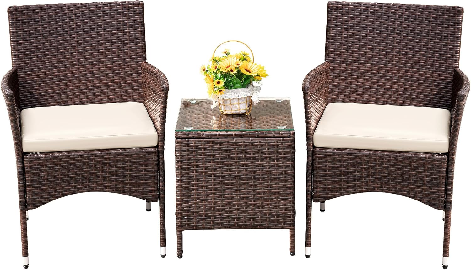 Devoko Patio Porch Furniture Sets 3 Pieces PE Rattan Wicker Chairs with Table Ou...