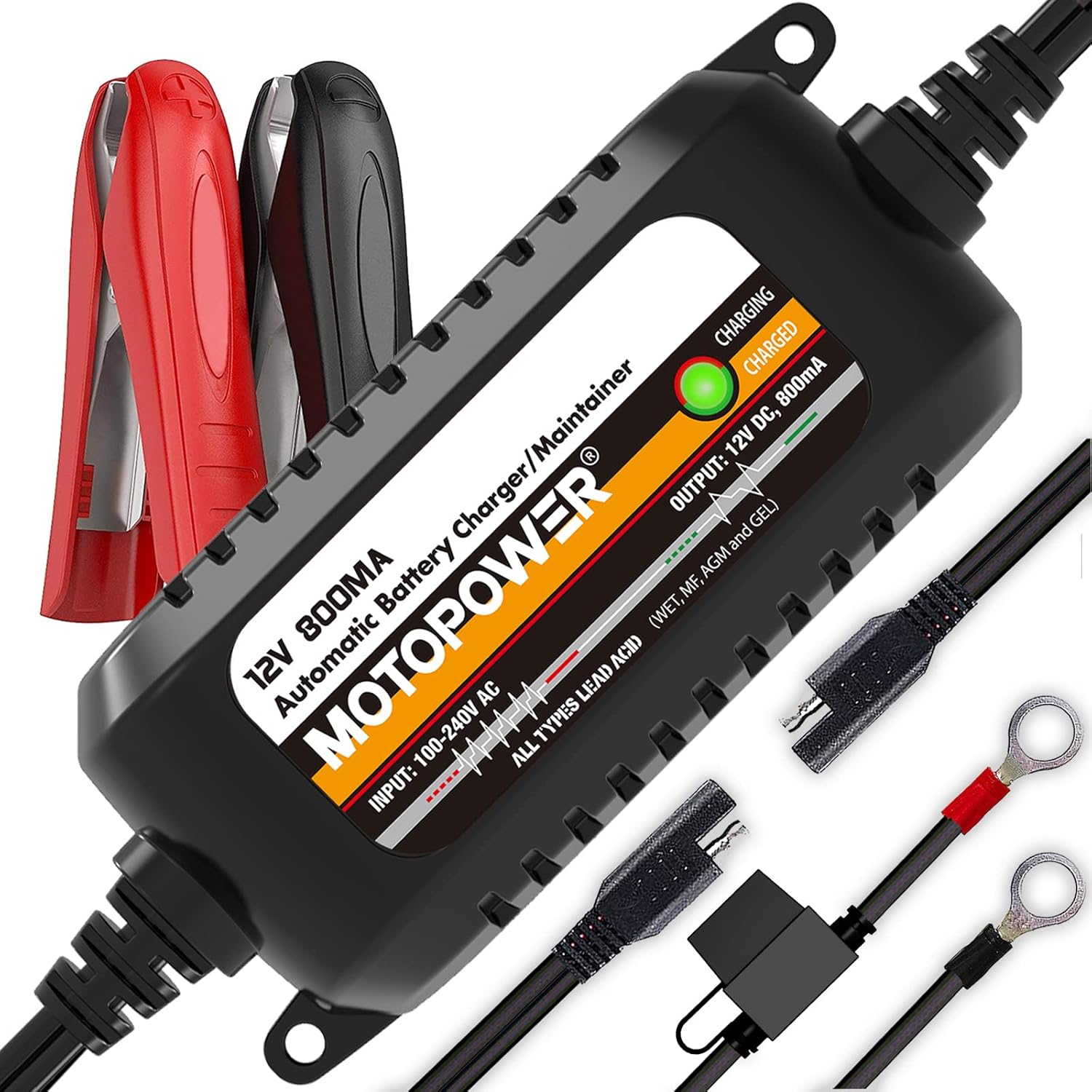 MOTOPOWER MP00205C 12V 800mA Automatic Battery Charger, Battery Maintainer, Tric...