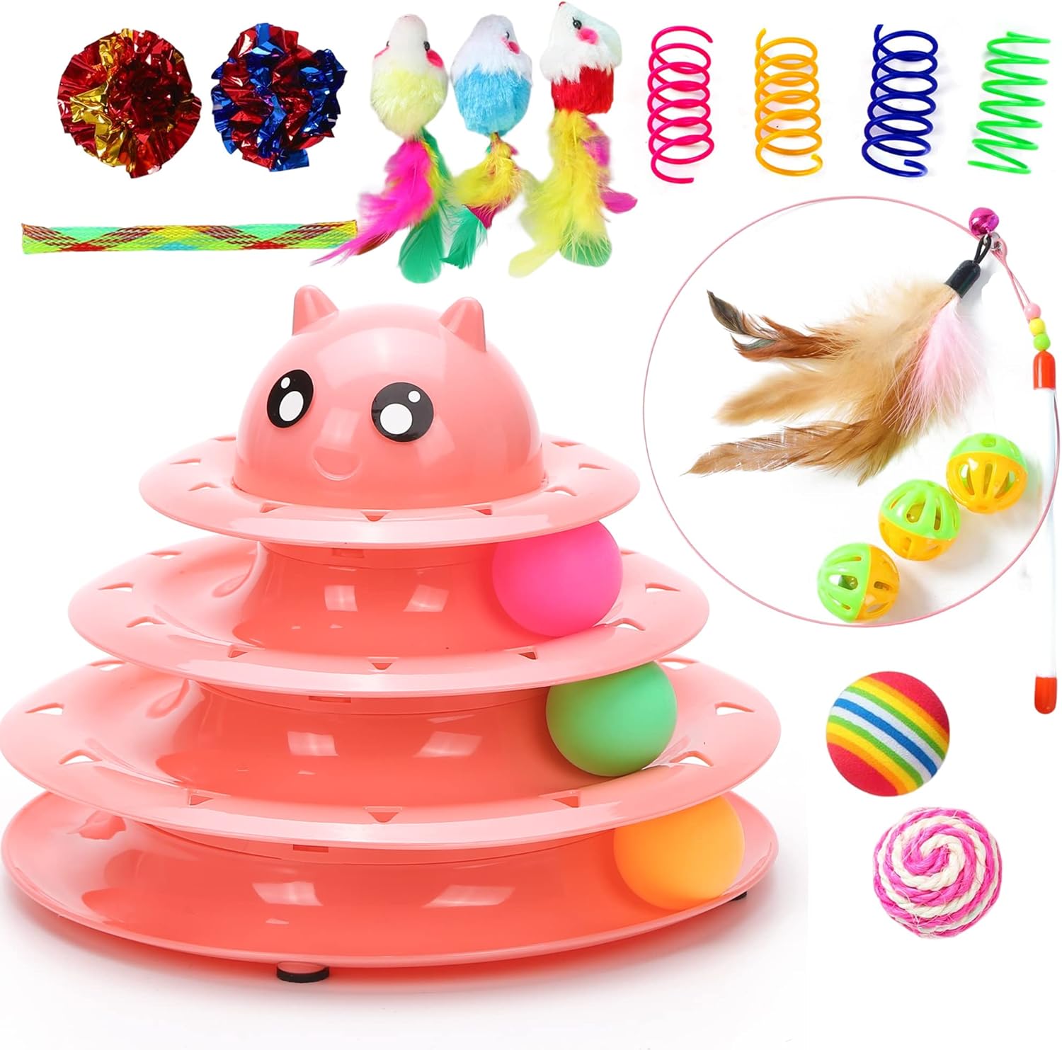 Vealind Pet Interactive Fun Roller Exerciser 3 Level Cat Teaser Ball Toy with 3...