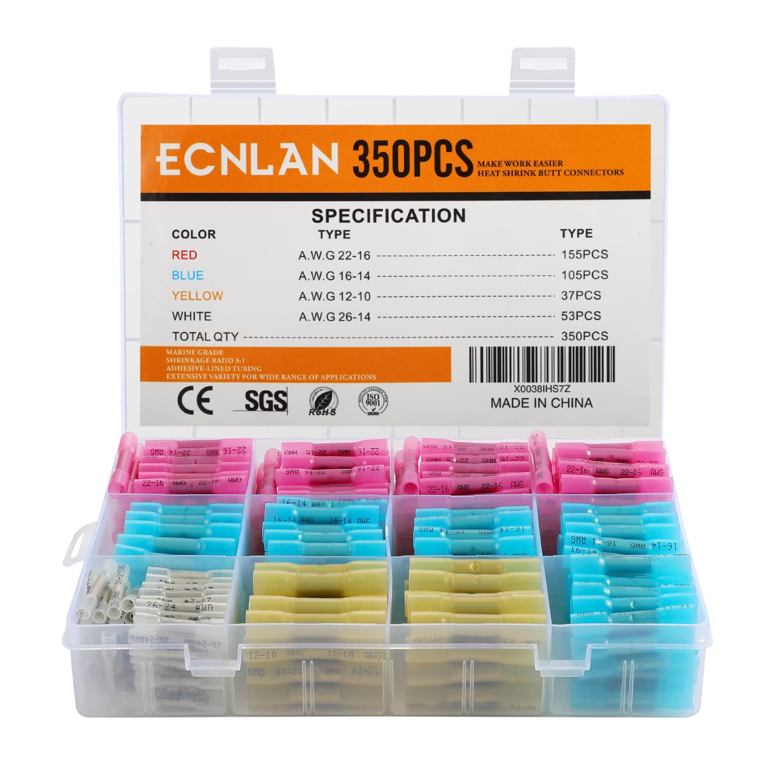 350PCS Heat Shrink Butt Connectors - ECNLAN Insulated & Waterproof Wire Connecto...