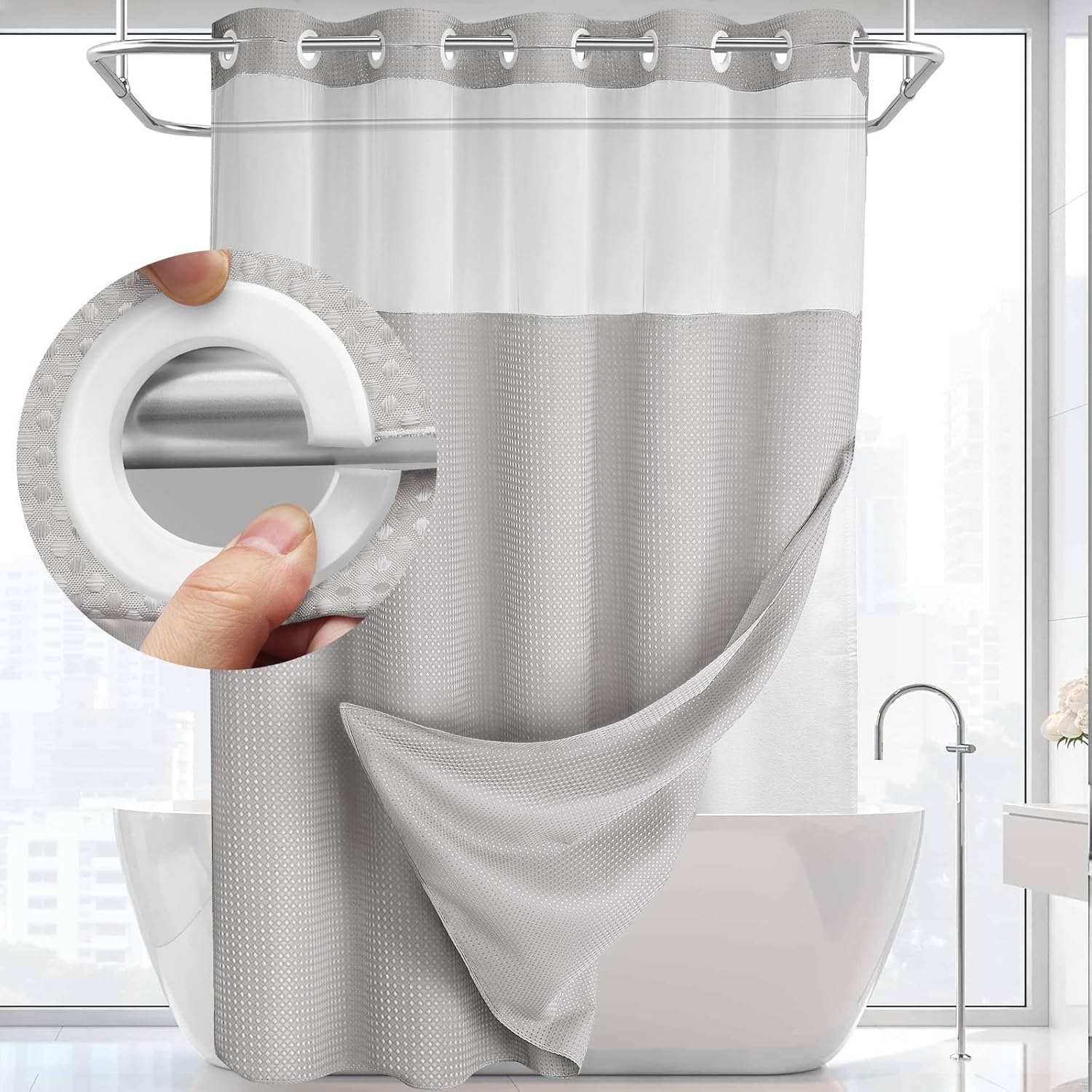No Hook Shower Curtain with Snap in Liner Set Less Time Light Gray Waffle Shower...