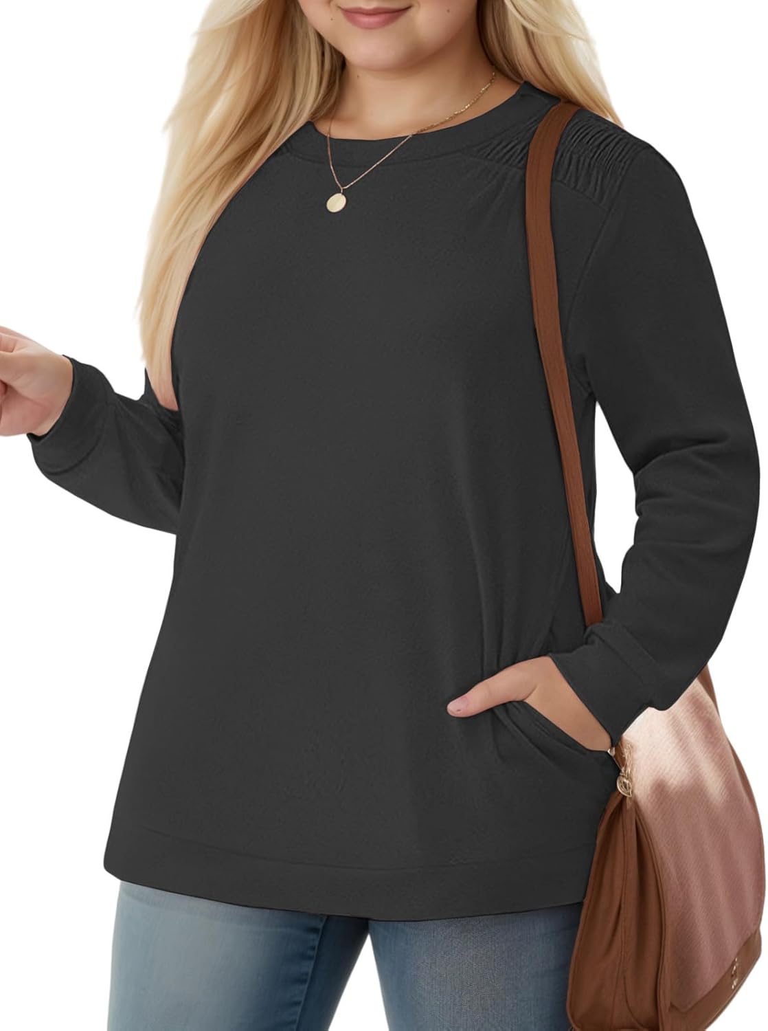 DOLNINE Womens-Plus-Size-Sweatshirts with Pockets Ruched Shoulder Long Sleeve To...