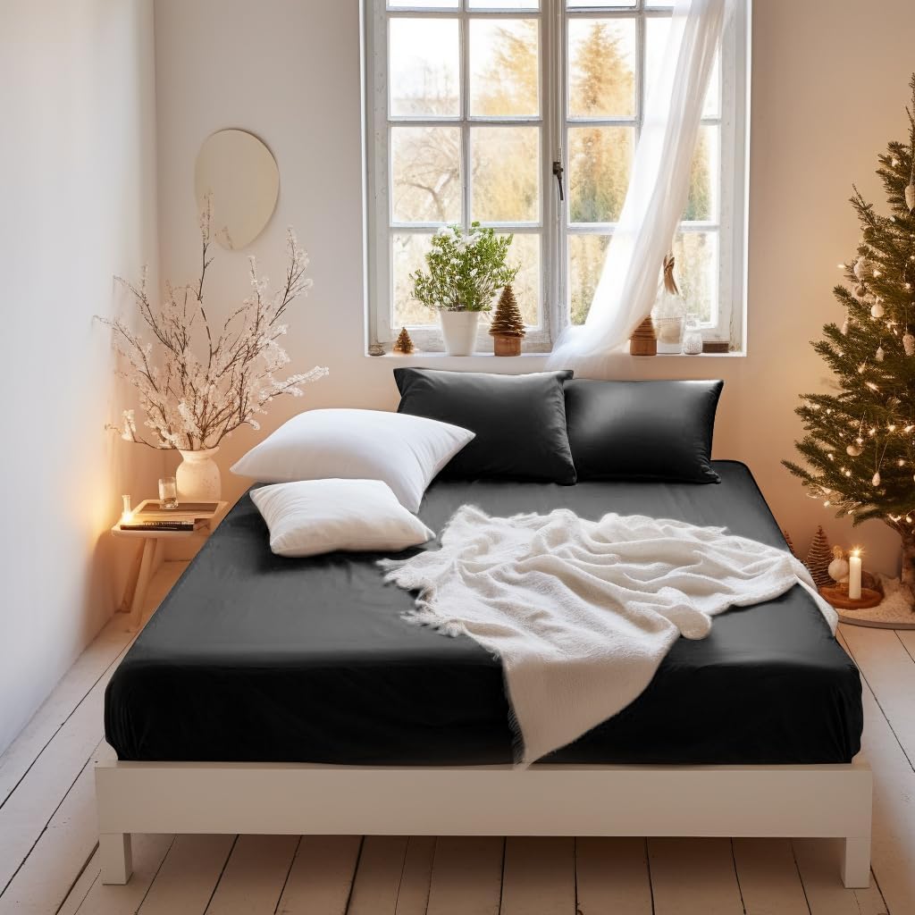 MOHAP Warm King Size Fitted Sheet Black with Extra Deep 16 inch 40 cm Pocket Bed...