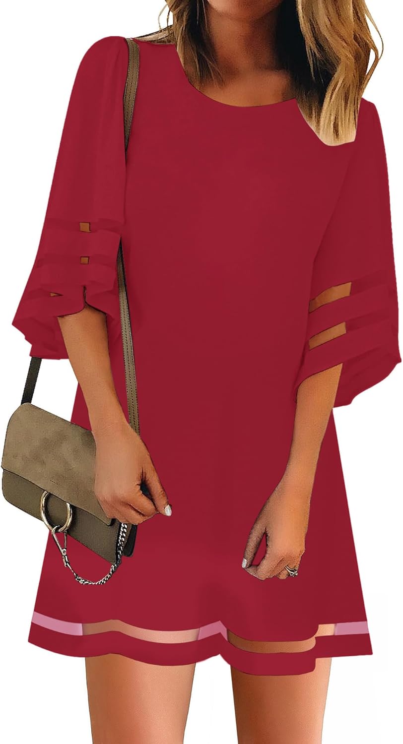 LookbookStore Women Casual Crewneck Mesh Panel 3/4 Bell Sleeve Loose Tunic Dress...
