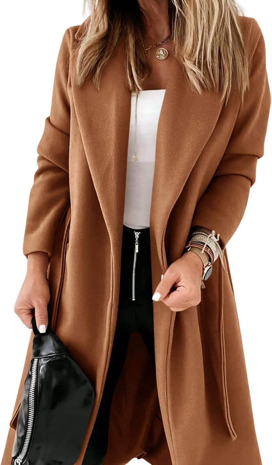 Womens Classic Coat Lapel Collar Open Front Belted Long Jacket XX-Large Light Br...
