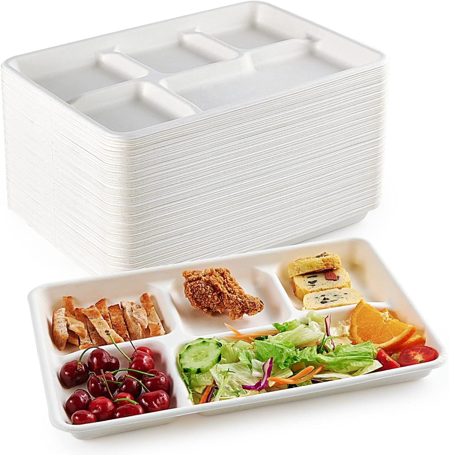 ECOLipak 100% Compostable 5 Compartment Plates, 100 Pack Disposable Compartment...