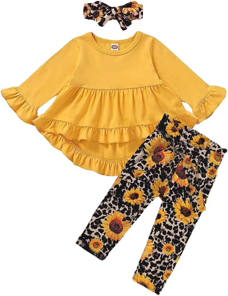 Kucnuzki Baby Girl Clothes Toddler Girl Outfit Ruffle Sleeve Shirt Floral Pant S...