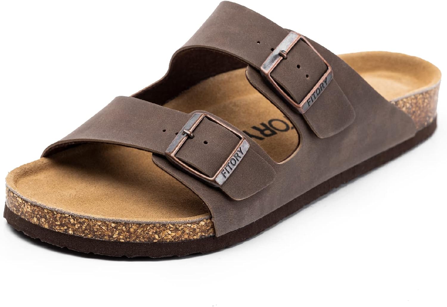 FITORY Mens Leather Insole Sandals with Two Buckles,Open Toe Slides for Indoor a...